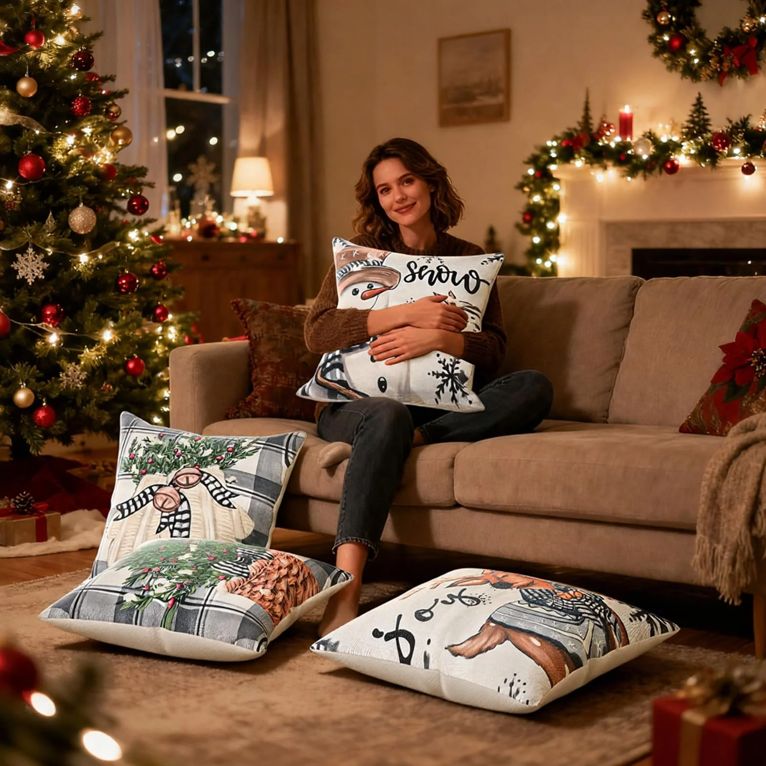 Christmas poszewka na poduszkę 40 x 40, 4 sztuki, lniana poduszka bożonarodzeniowa, dekoracja bożonarodzeniowa, kolor biały i szary, dekoracja renifera, do salonu, na kanapę, dekoracja