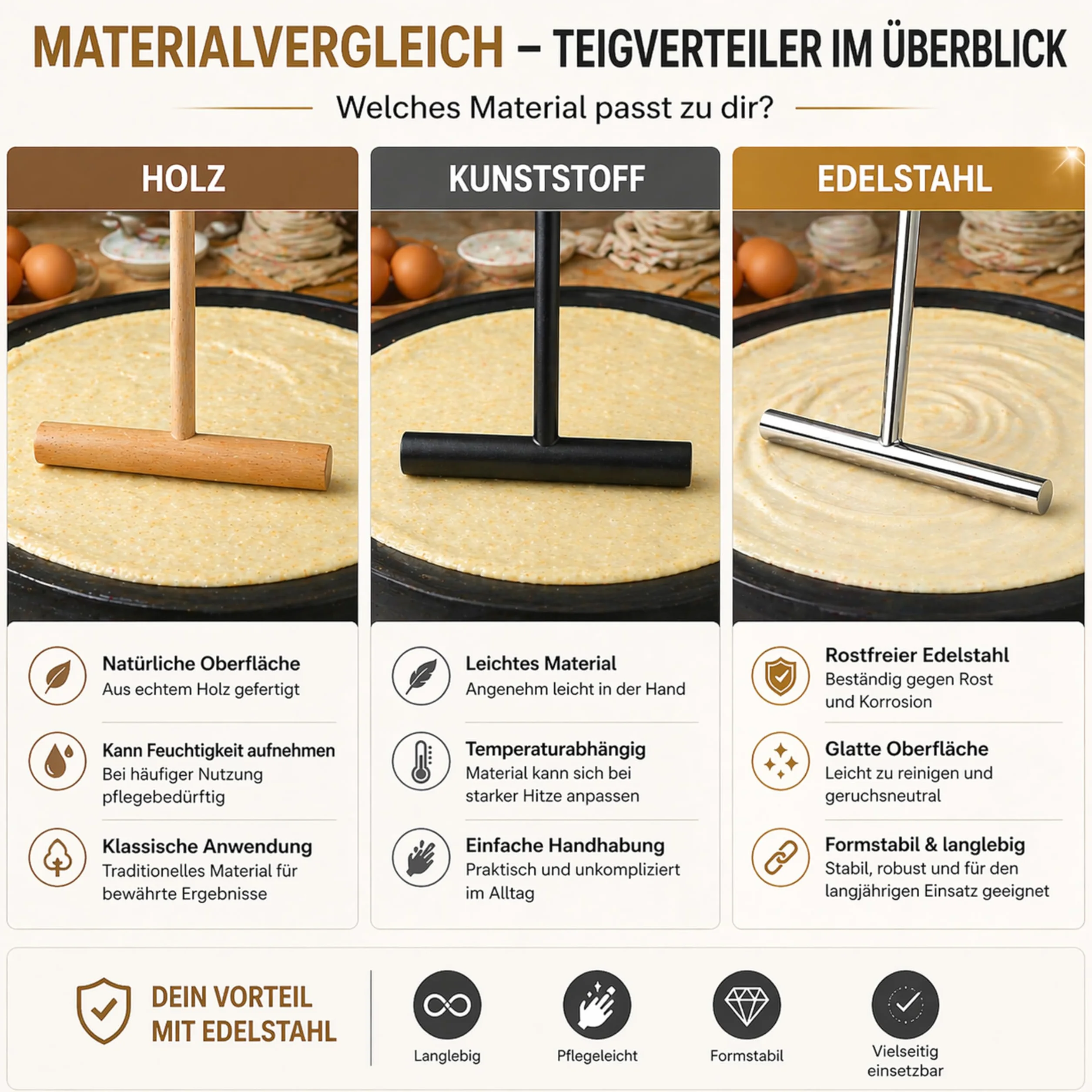 Kerafactum Rozdzielacz do Ciasta Crepemaker do Naleśników, Placków lub Palacinek z Długą Rączką 20 cm ze Stali Nierdzewnej, Szpatułka do Naleśników