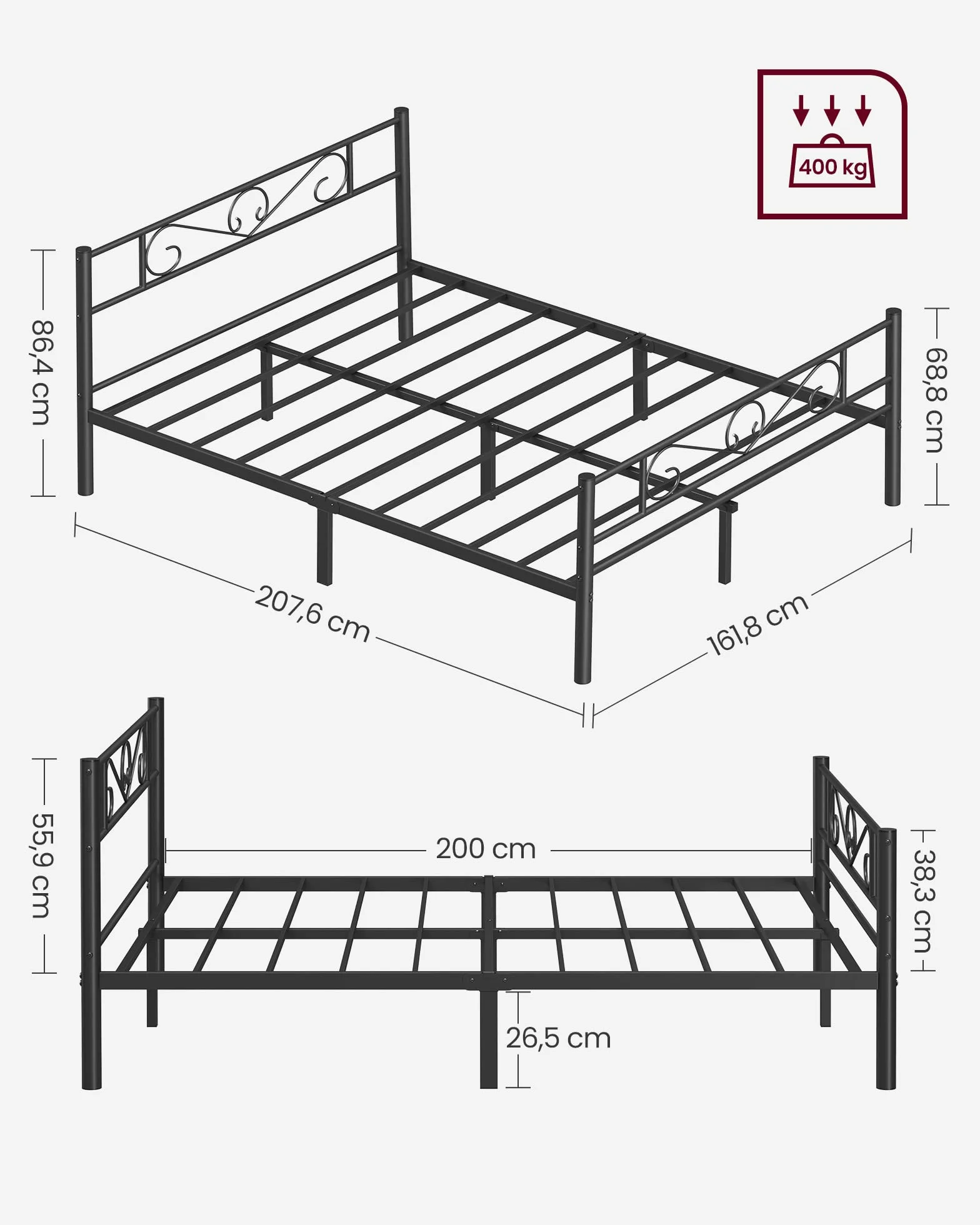 VASAGLE Łóżko 2-osobowe, metalowe podwójne łóżko, odpowiednie do materacy 200 x 160 cm, łatwy montaż, do małych przestrzeni, pokoju gościnnego, pokoju młodzieżowego, czarne, RMB065B01