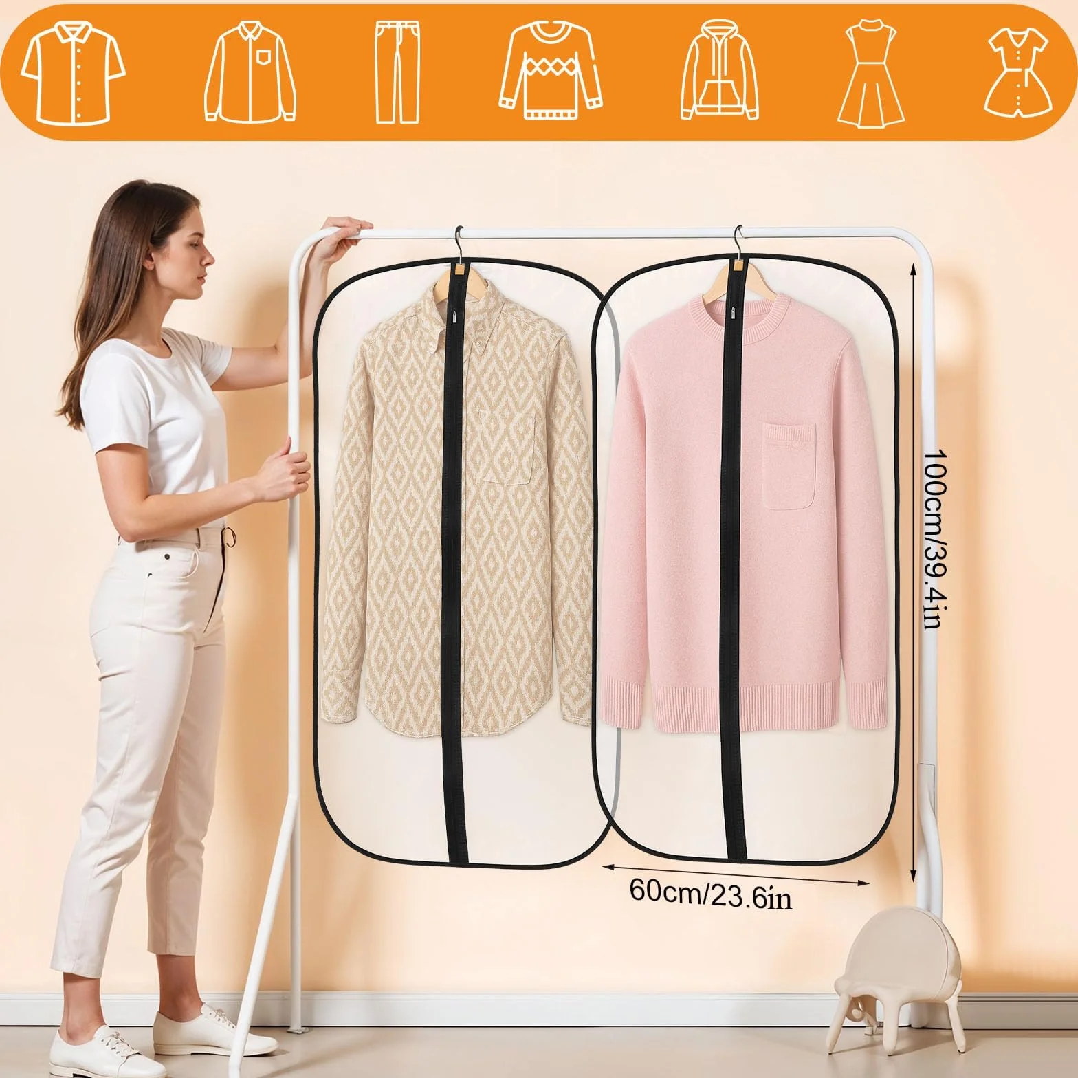 Dntorx 12 sztuk pokrowców na ubrania, 100 x 60 cm, przezroczyste pokrowce ochronne PEVA z suwakami, do ochrony garnituru, koszuli, płaszcza