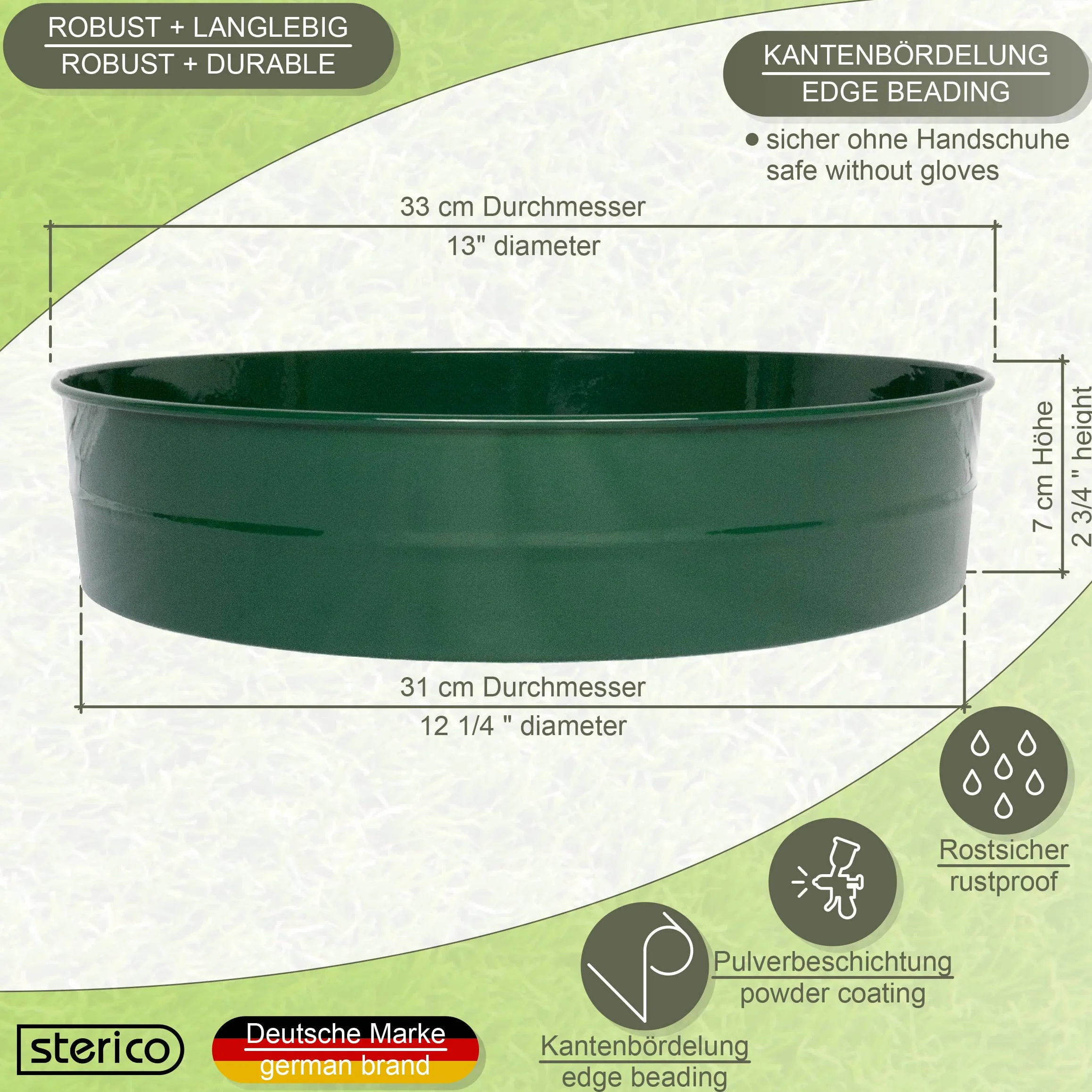 Sterico Sito ogrodowe z różnymi rozmiarami oczek, sito okrągłe 33 cm Ø | Sito ziemi do nasion, ziemi, kompostu, kamieni, ziół, żwiru, układania w stos, wytrzymały, odporny na rdzę (3 mm)