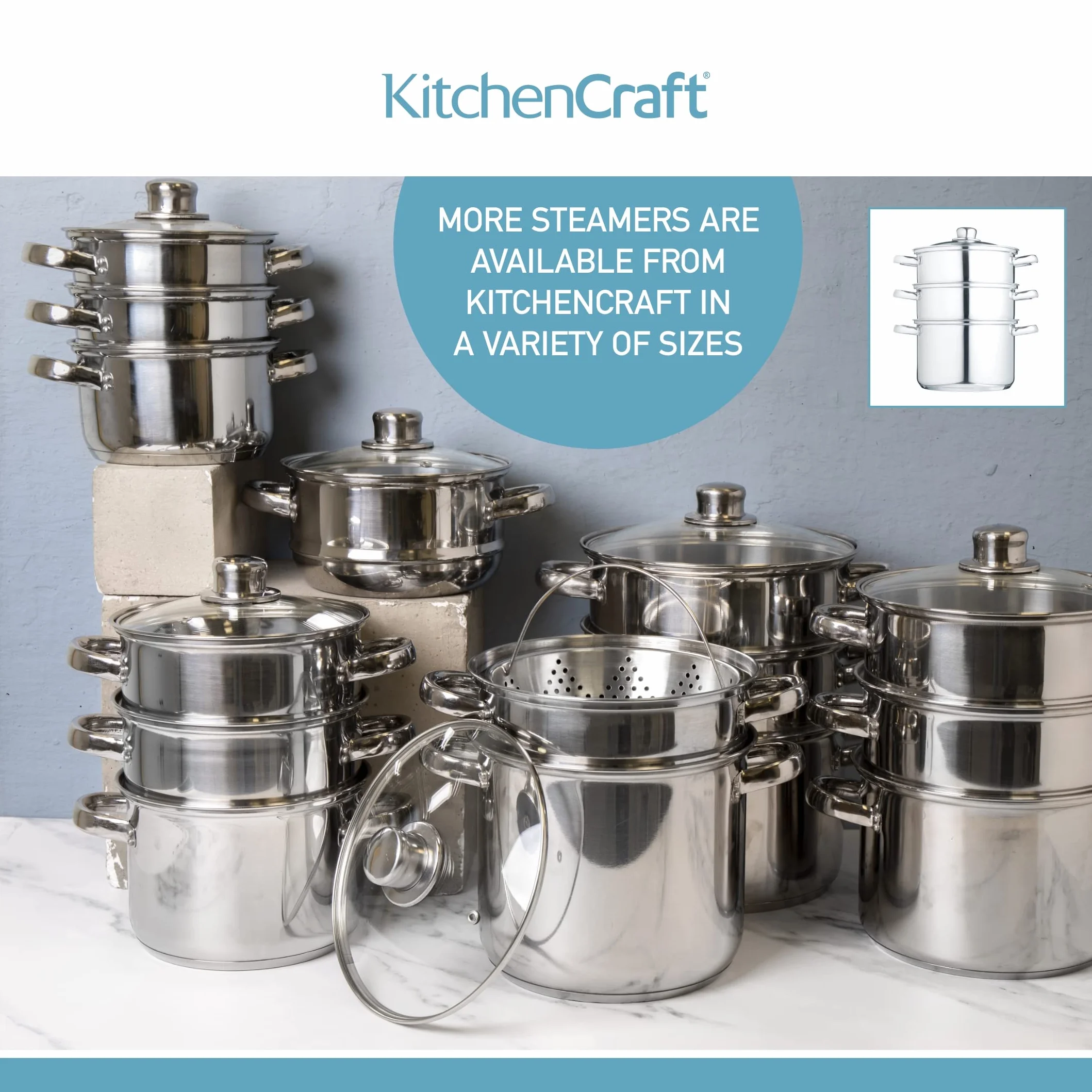 KitchenCraft Zestaw 3 garnków, parowar/garnek do zupy, 3-stopniowy, z zabezpieczeniem indukcyjnym, stal nierdzewna, w pudełku prezentowym, 22 cm (9"), srebrny