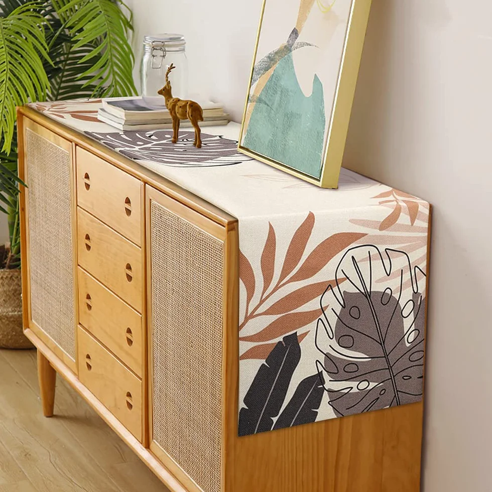 Bieżnik na stół, nowoczesny, tropikalne liście, lniany bieżnik w stylu boho, zmywalny, zielone liście, bieżnik 33 x 183 cm, antypoślizgowy obrus na stół jadalny