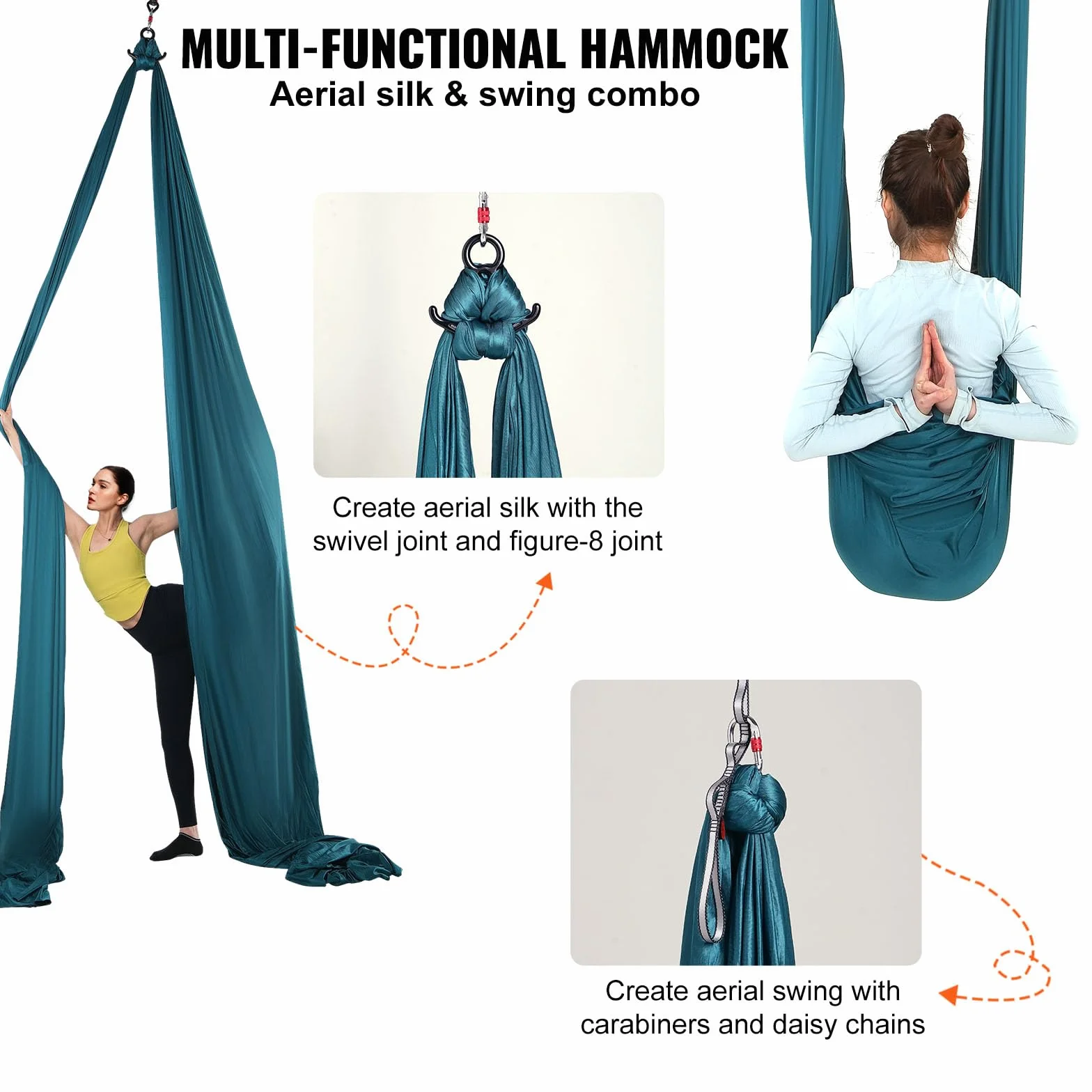 VEVOR Aerial Yoga Hamak Zestaw 8 x 2,8 m, Zielony Swing Air Muchy, Indoor Hammock 1000 kg Maks. Nośność, W Zestawie Skarpety do Jogi i Stalowy Karabińczyk