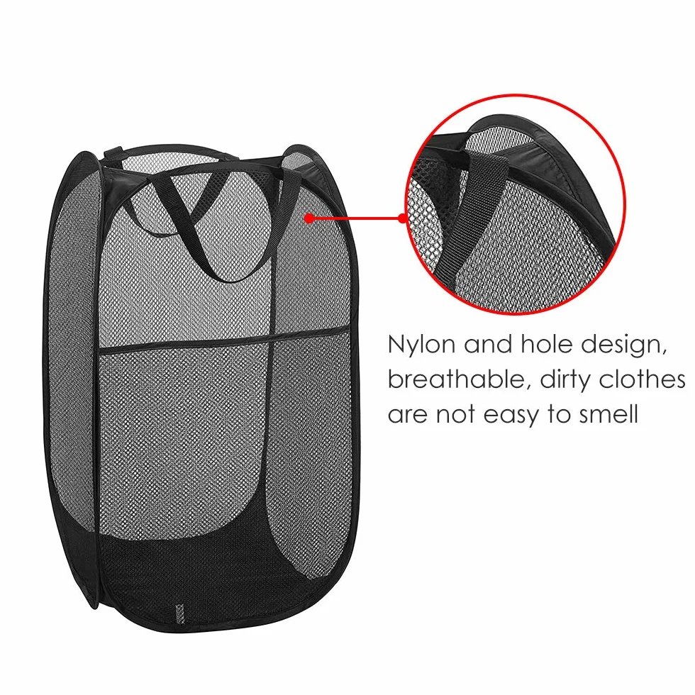 WD&CD Kosz na pranie [Zestaw 2 sztuk] Składane kosze na bieliznę Pop Up Mesh, torba na pranie, składany kosz na pranie z uchwytem, czarny