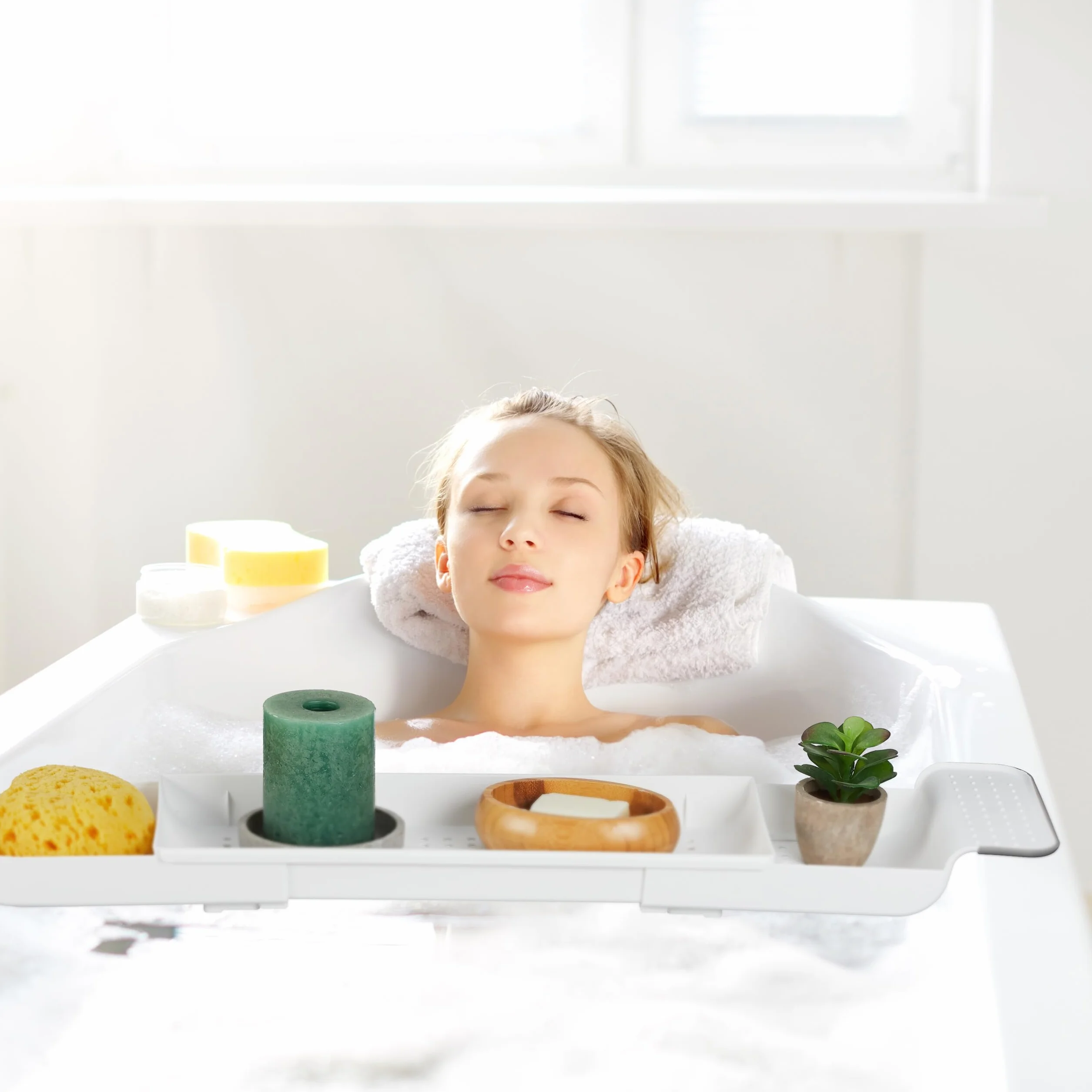Relaxdays Półka na wannę, wysuwana 55,5-78 cm, tworzywo sztuczne, otwory odpływowe, antypoślizgowa, biała