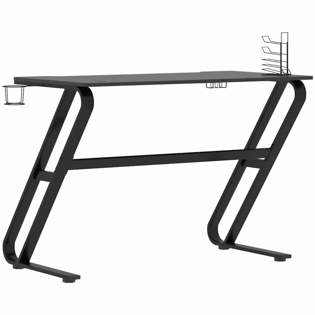 Biurko gamingowe ze stelażem ZZ, czarne, materiał drewnopochodny i żelazo, 110 x 60 x 75 cm, z półką na słuchawki i kontroler, uchwyt na kubek, stabilny stolik pod komputer do domowego biura