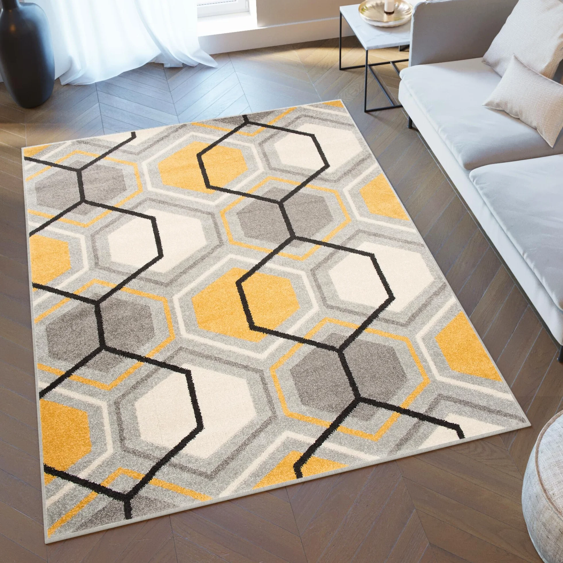 Tapiso LAZUR dywan do salonu, krótkie runo, nowoczesny, geometryczny kratka, szary, kremowy, żółty, jasnobrązowy, do sypialni, Ökotex 160 x 220 cm