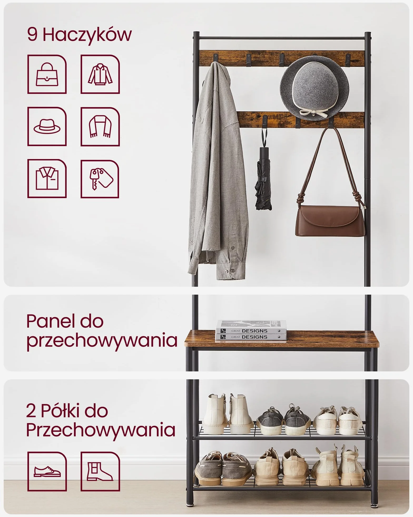 VASAGLE Metalowy wieszak z haczykami na ubrania z 3 półkami na buty i siedziskiem, do korytarza, wysokość 175 cm, styl industrialny, brązowy vintage HSR41BX