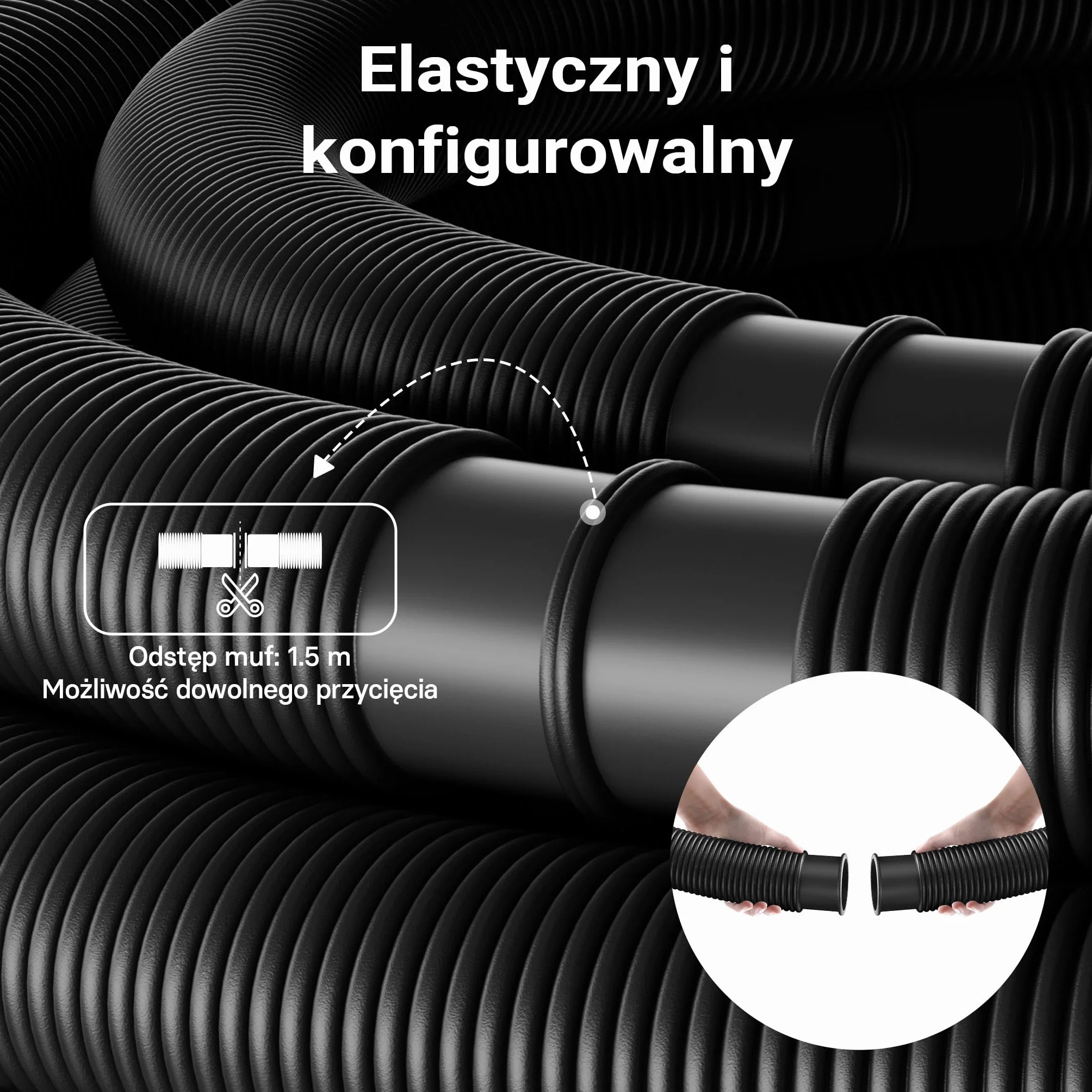 Wiltec Wąż do basenu o długości 9 m, Ø 32 mm czarny wąż ssący do pompy basenowej z mufami, wąż solarny - Made in EU