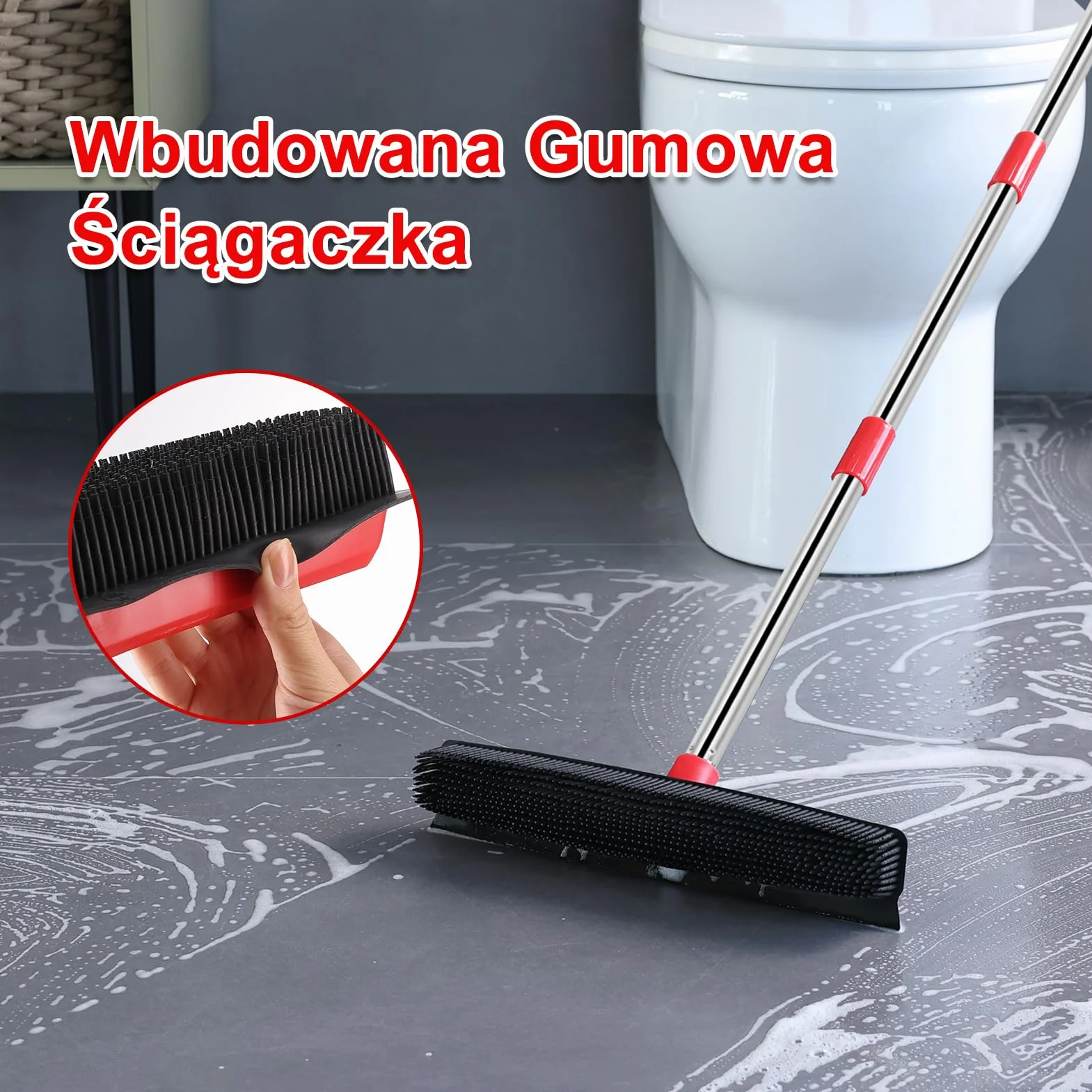 Mitclear Gumowa Szczotka do Dywanów z Długą Rączką (154cm),Szczotka do Podłóg Wewnętrznych z Wbudowaną Ściągaczką(34cm), Usuwanie Sierści Kota i Psa z Dywanu Podłogowego, Miękka Miotła do Wnętrz