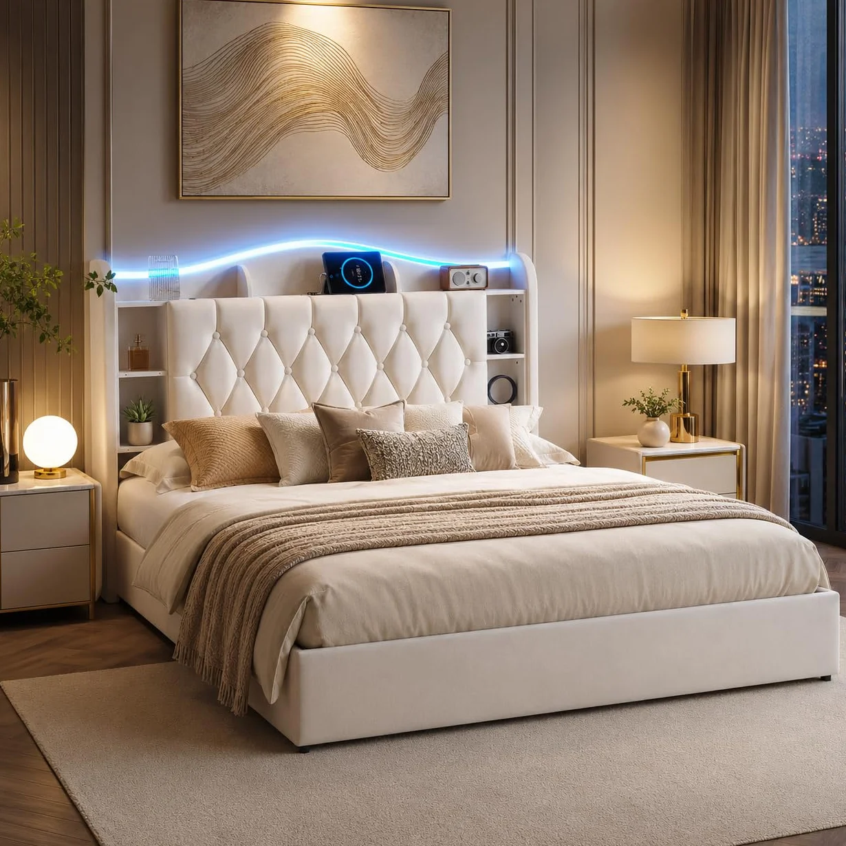 BRILVERDE Łóżko tapicerowane 160 x 190 cm, z miejscem do przechowywania, podwójne łóżko z diodami LED/USB, rama łóżka ze stelażem i zagłówkiem, łóżko młodzieżowe dla dorosłych i młodzieży, aksamitne