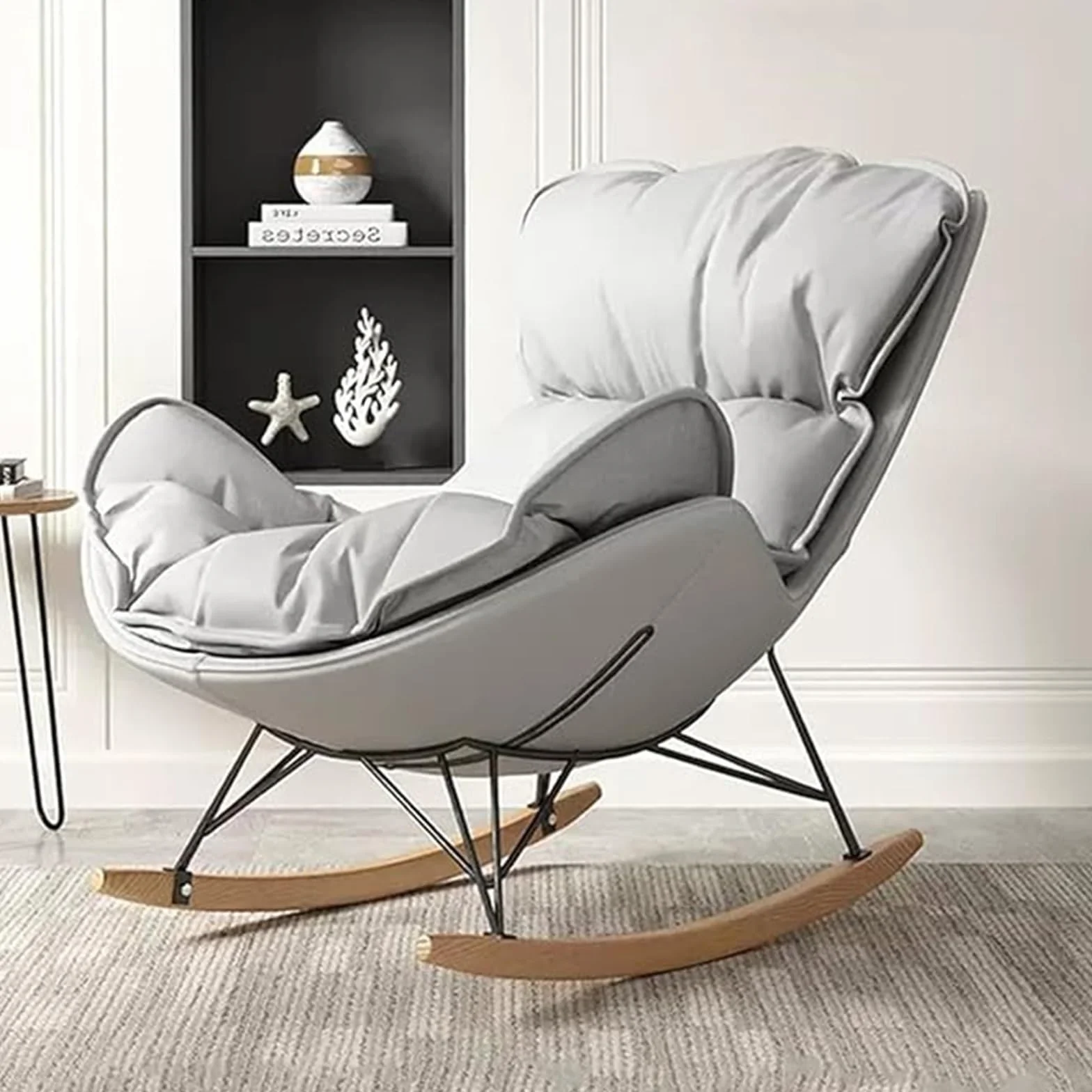 FIXARE Fotel bujany Glider Krzesła akcentujące Tapicerowane Krzesło bujane, Tech Cloth Lounge Sofa Krzesła wypoczynkowe, z podstawą z litego drewna do salonu sypialni biura (kolor: jasnoszary)