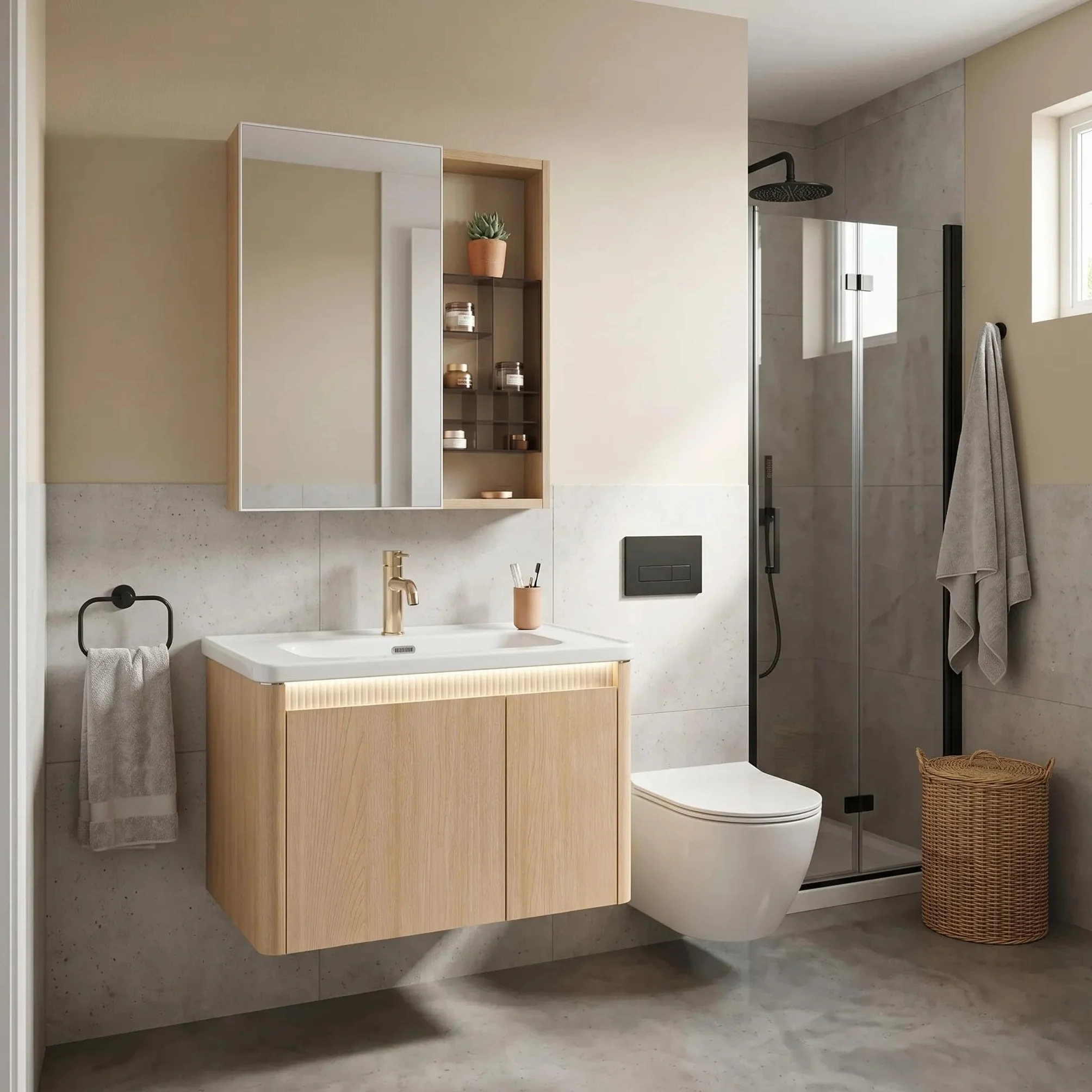 Rea - Zestaw Mebli Łazienkowych Z Umywalką De07-70 Oak 70cm Brązowy - 51x71x49 cm