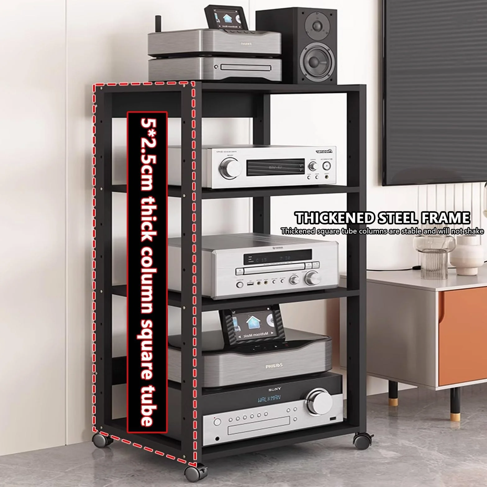 Nowoczesna szafka konsolowa z połowy wieku do odtwarzacza płyt i nośników, wielowarstwowy stojak na płyty CD/DVD, stylowy komponent stereo nizer do sypialni i salonu.