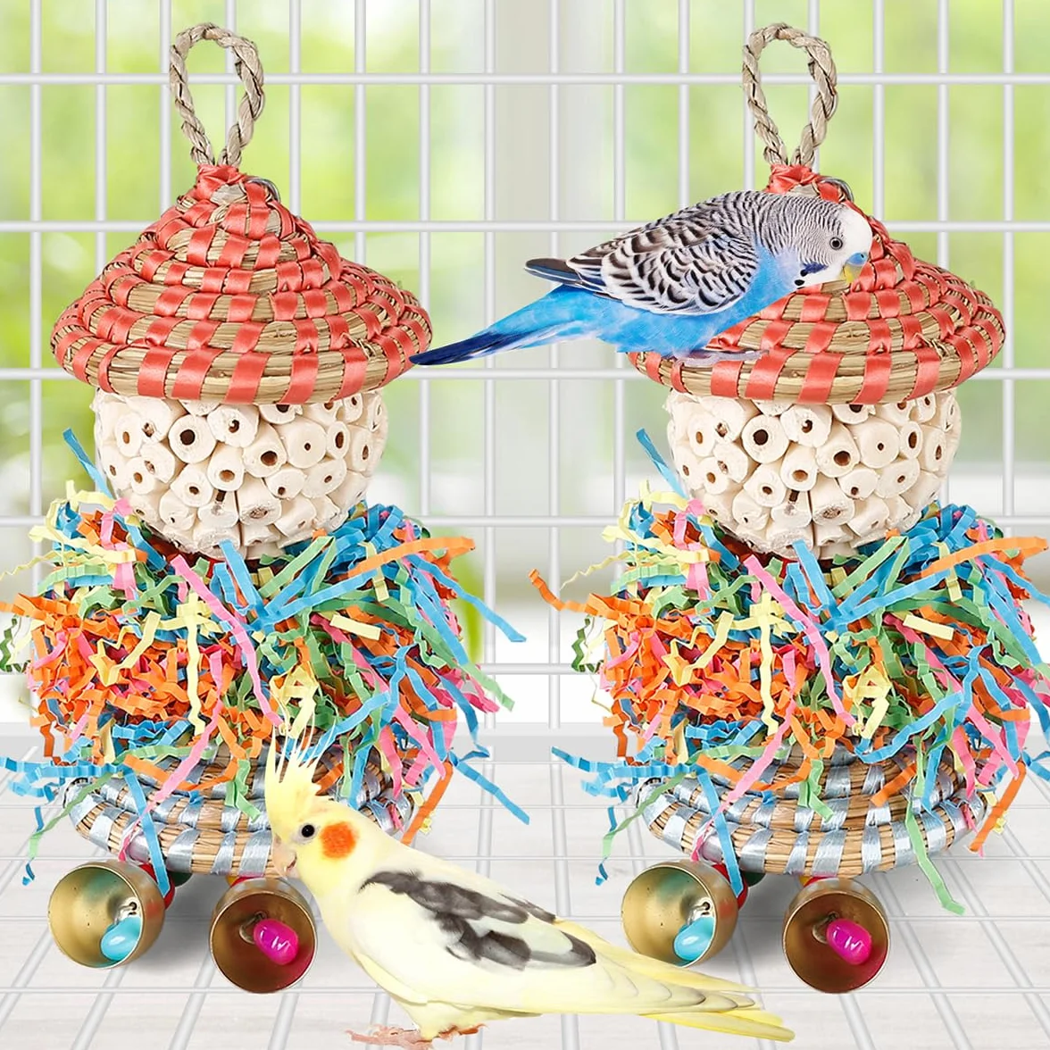 Conure Zabawki, 2 szt., zabawki dla ptaków, niszczarka do żerowania, wiszące zabawki, kulki sola z dzwonkiem, dla małych papug, papug, kakadu, konury, ptaków, budgie, klatka (duży kapelusz) (kolorowe