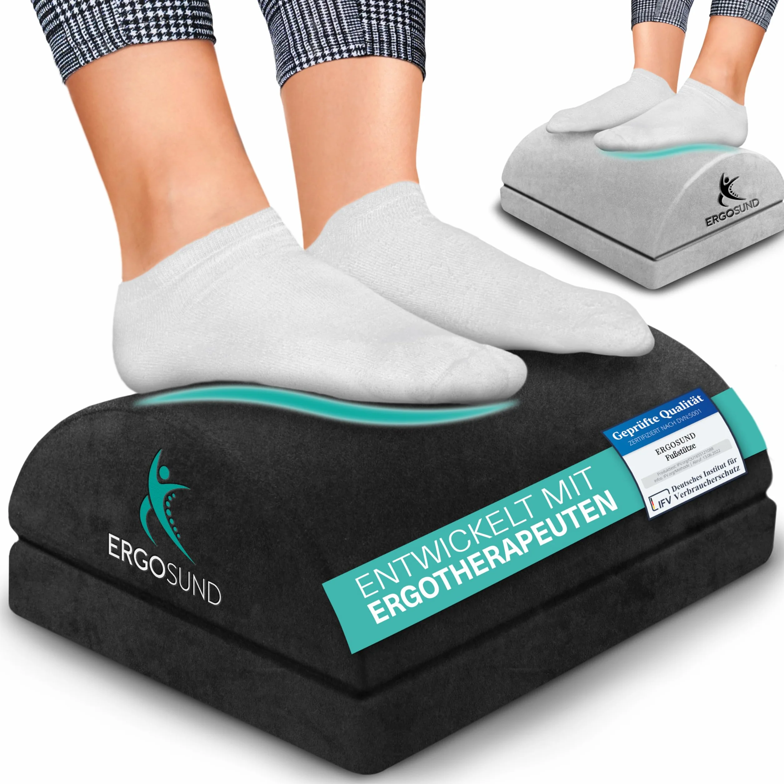 ERGOSUND® Fußstütze Schreibtisch [TESTSIEGER] - Premium Schaumstoffkern - Höhenverstellbare Fußbank [rutschfest] - Ergonomische Fußablage für das Büro & Home Office - Mit Ergotherapeuten entwickelt