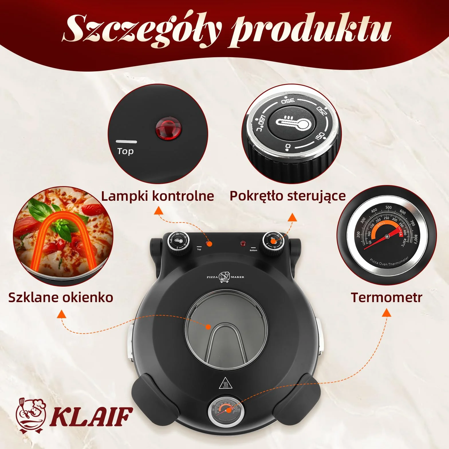 KLAIF Piec elektryczny do pizzy do blatu roboczego z kamieniem ceramicznym 31 cm, dwiema regulowanymi regulatorami temperatury, w zestawie 4 narzędzia do pizzy, LMR-czarny