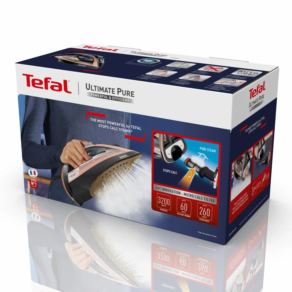 Tefal Ultimate Pure FV9845 - Żelazko (Żelazko suche i parowe, Durilium Autoclean soleplate, 3 m, 260 g/min, Czarny, Miedziany, 60 g/min)