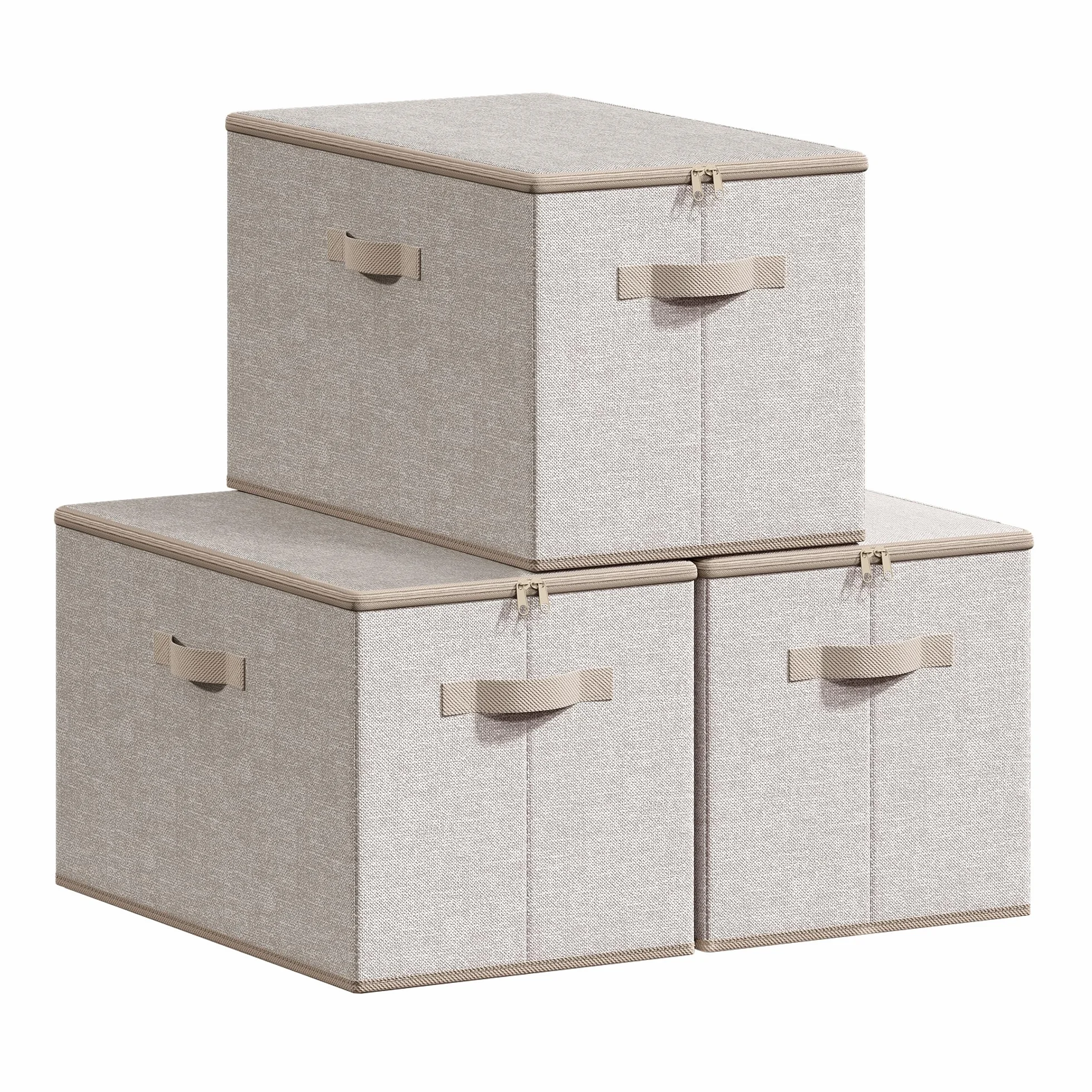 SONGMICS Pudełko do przechowywania z pokrywką, składane pudełko z materiału z uchwytami, pudełko do przechowywania ubrań, materiał włókninowy, 3 sztuk, 50 x 30 x 30 cm, piaskowo-beżowy RZB050LZ04
