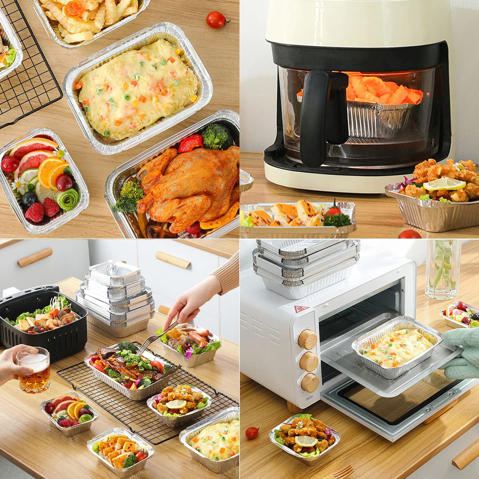 Aluminiowe miski do grilla, jednorazowe miski z folii aluminiowej, miski aluminiowe z pokrywką, miski do gotowania idealnie nadają się do pieczenia, smażenia, gotowania (z pokrywką; 31 x 21 x 5 cm (10