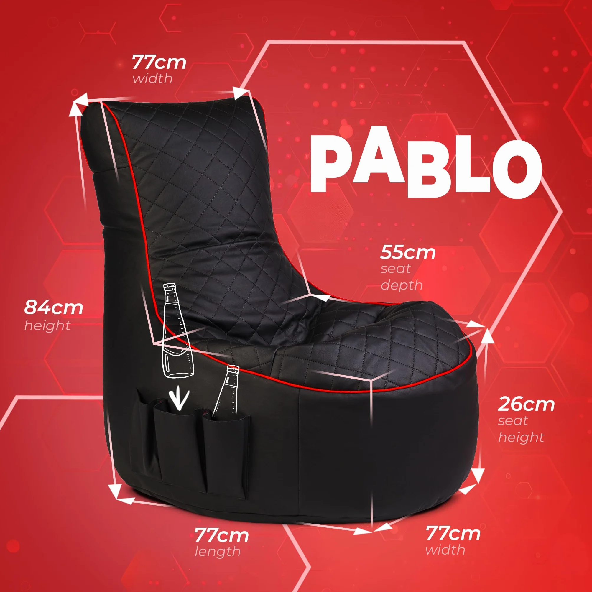 Ecopuf - Pufa Fotel Pablo - Beanbag z kieszeniami do przechowywania i uchwytem na słuchawki - Stylowa Poduszka - Worek do gier - 77x84cm, Czarno-czerwone paski