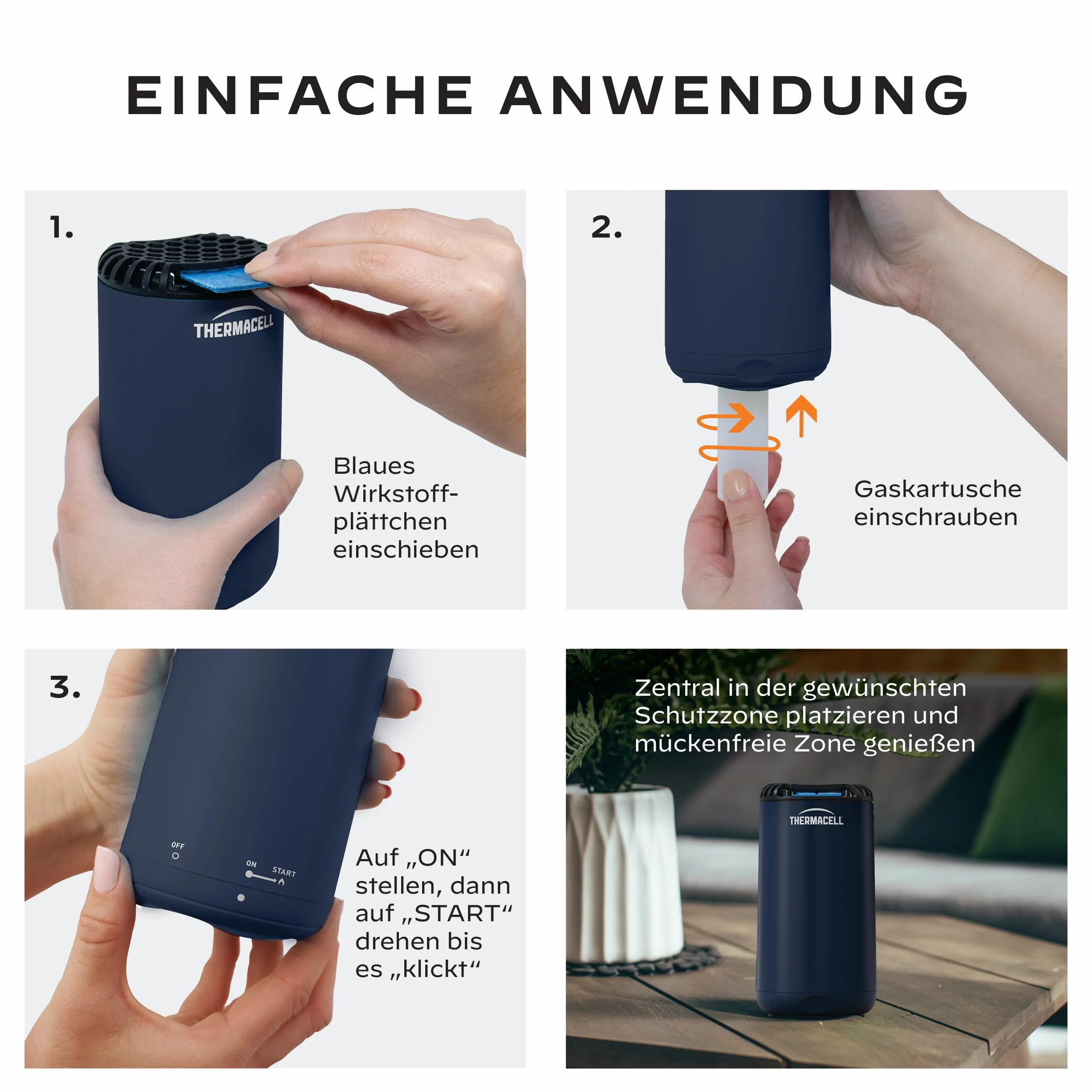 Thermacell Ochrona przed komarami, innowacyjna ochrona przed komarami, urządzenie stojące w nowoczesnym wzornictwie, do ogrodu, na taras i kemping, kolor biały