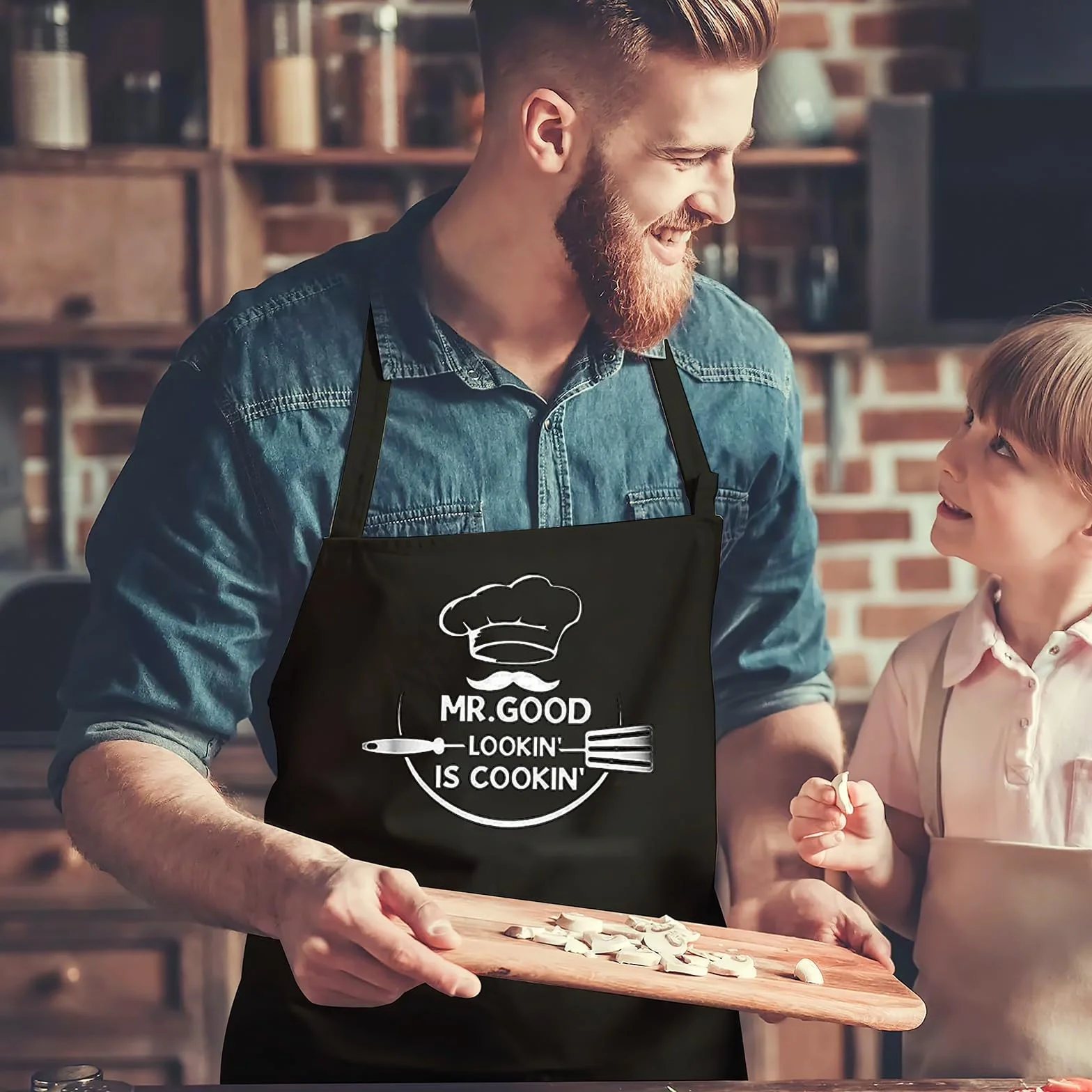 HENGBIRD Fartuch do grillowania dla mężczyzn, fartuch kucharski z 3 kieszeniami, regulowany fartuch kuchenny, wodoszczelny, czarny, dla mężczyzn, zabawny prezent dla taty, dziadka, urodziny, prezent