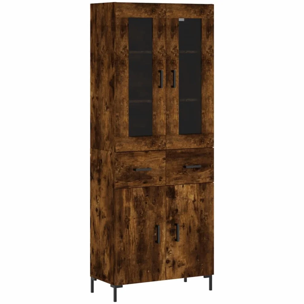 Générique Bufet wysoki Dąb wędzony 69,5 x 34 x 180 cm, szafka do przechowywania z drewna inżynieryjnego z metalowymi nogami, duża przestrzeń do przechowywania do salonu