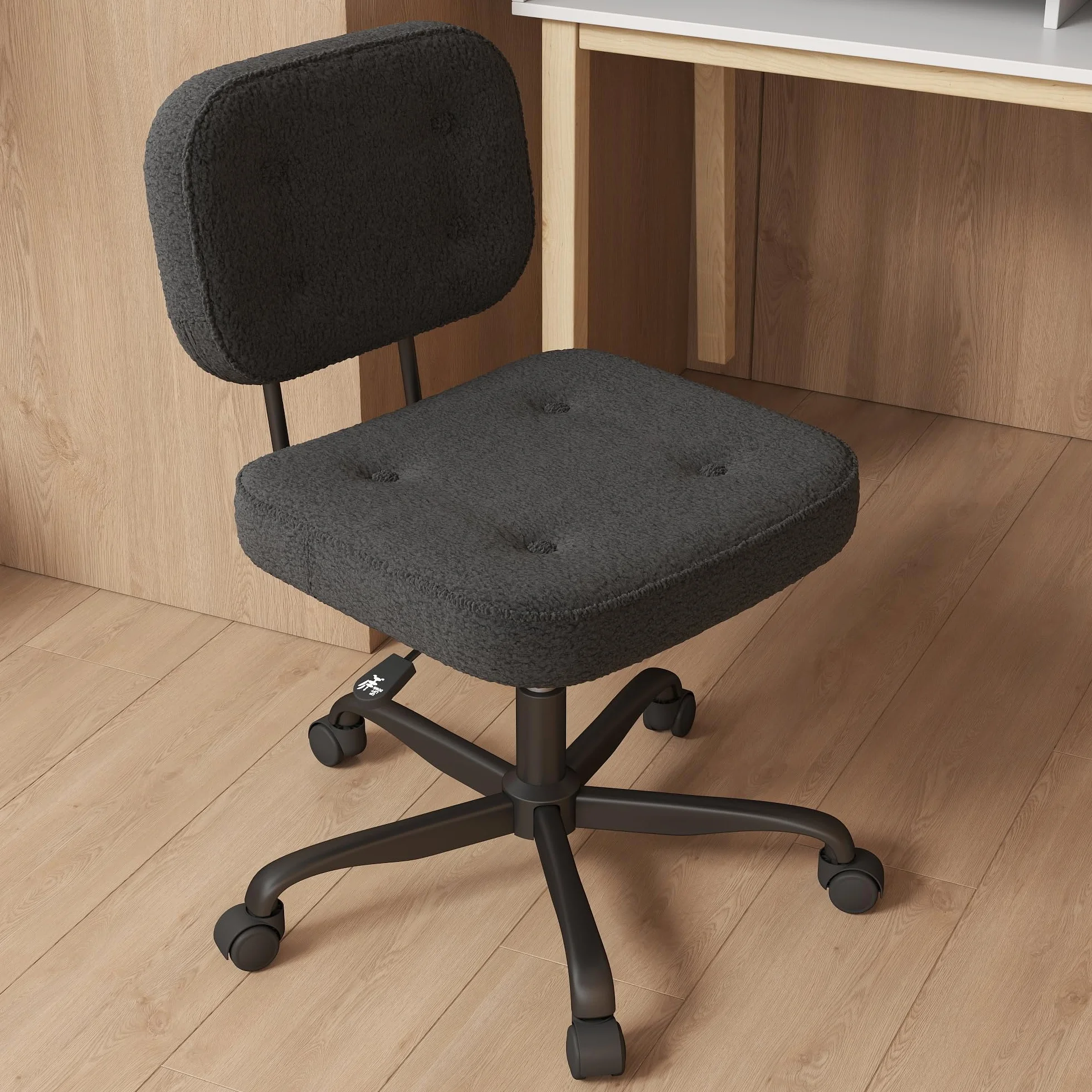 AnyGod Krzesło do biurka bez podłokietników, kompaktowe krzesło obrotowe z kółkami i regulacją wysokości, ergonomiczne krzesło komputerowe do małych pomieszczeń i toaletka, materiał pluszowy, czarny