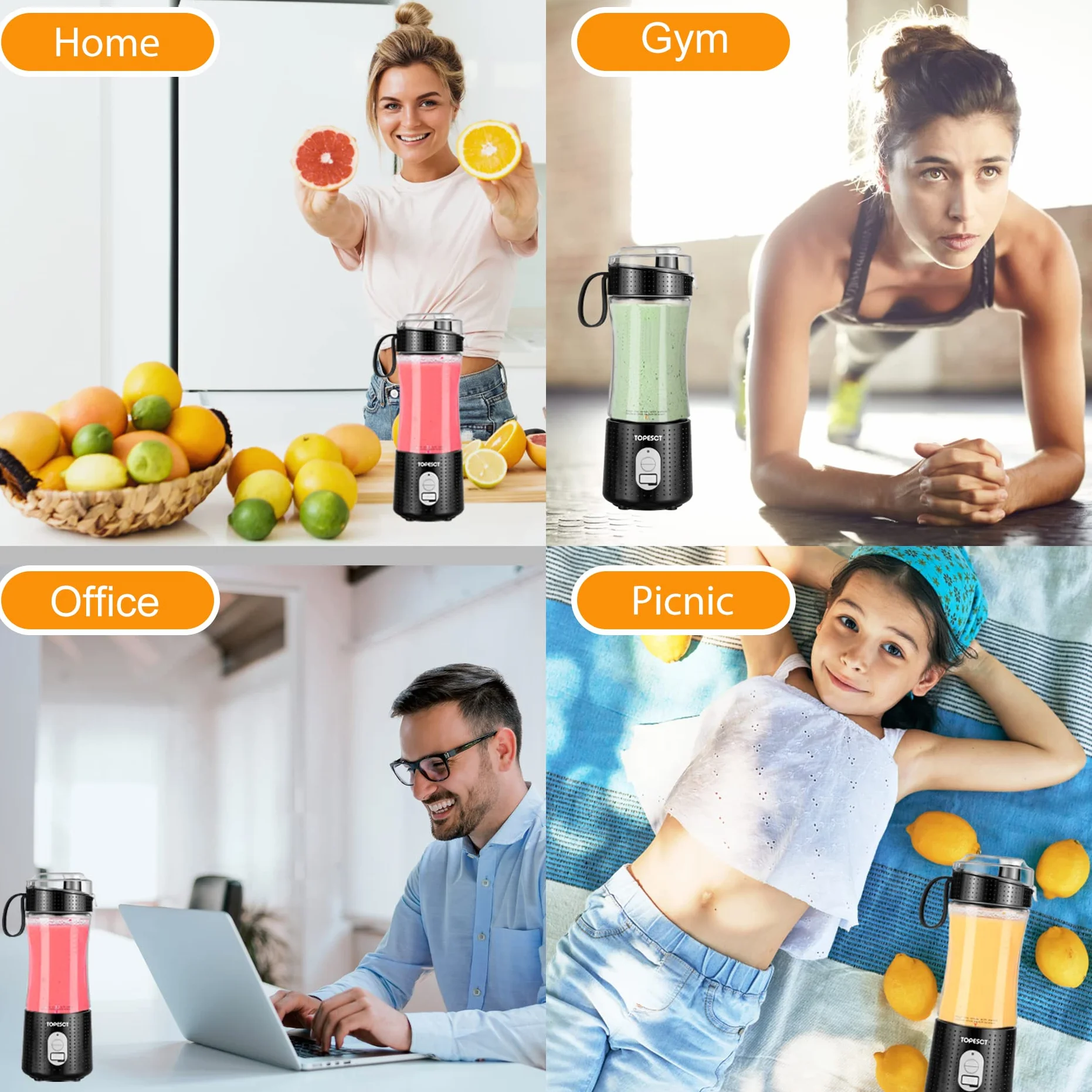 TOPESCT Przenośny blender, osobisty mikser do owoców, ładowany przez USB, mini blender do smoothie, soku owocowego, koktajli mlecznych 380 ml, sześć ostrzy 3D do świetnego mieszania (czarny)