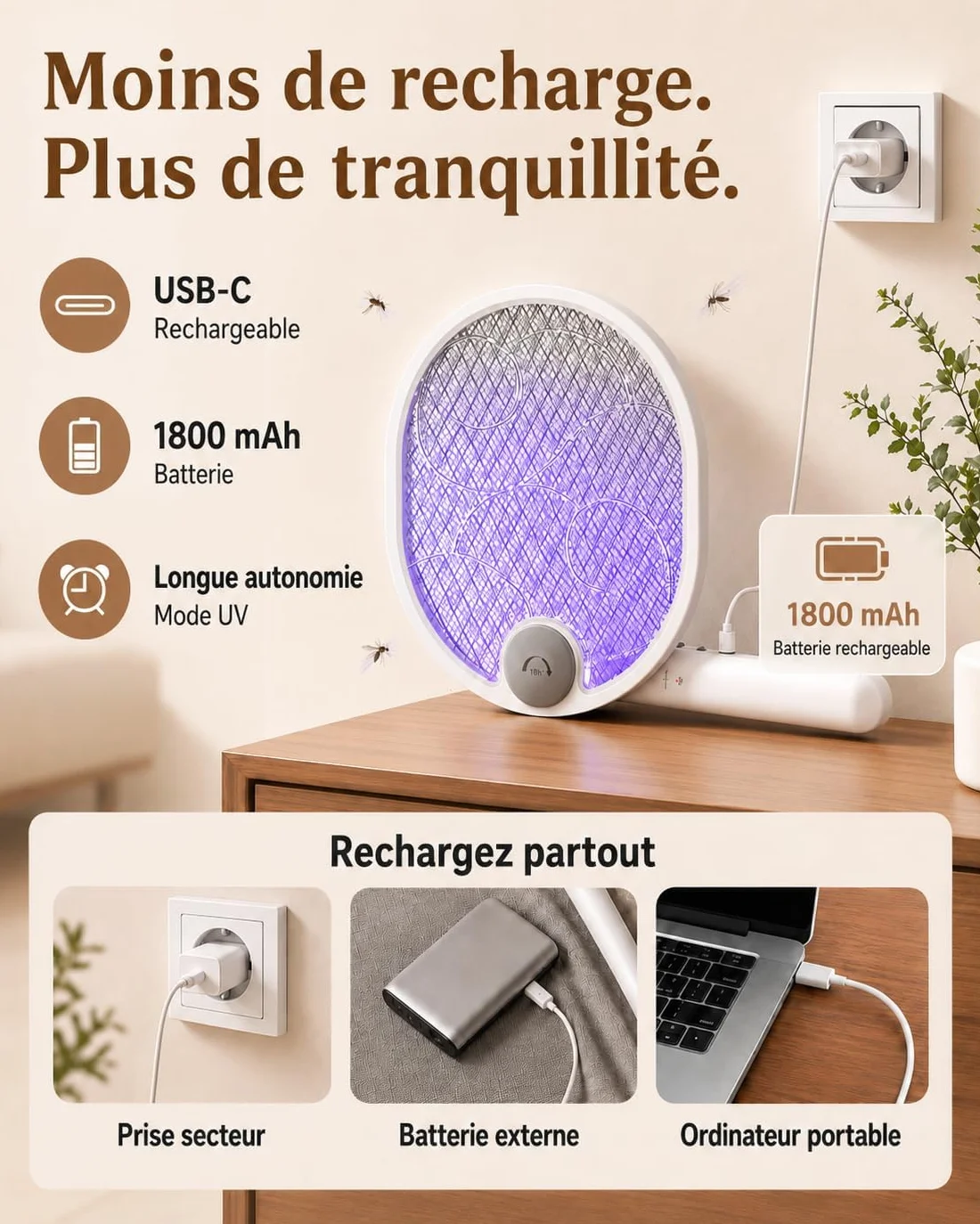 WOCVRYY 3 w 1 Elektryczna Packa na Muchy 4000V USB 1500mAh z Akumulatorem UV z Siatką Zabezpieczającą, Odpowiednia do Użytku Wewnątrz i na Zewnątrz Budynków