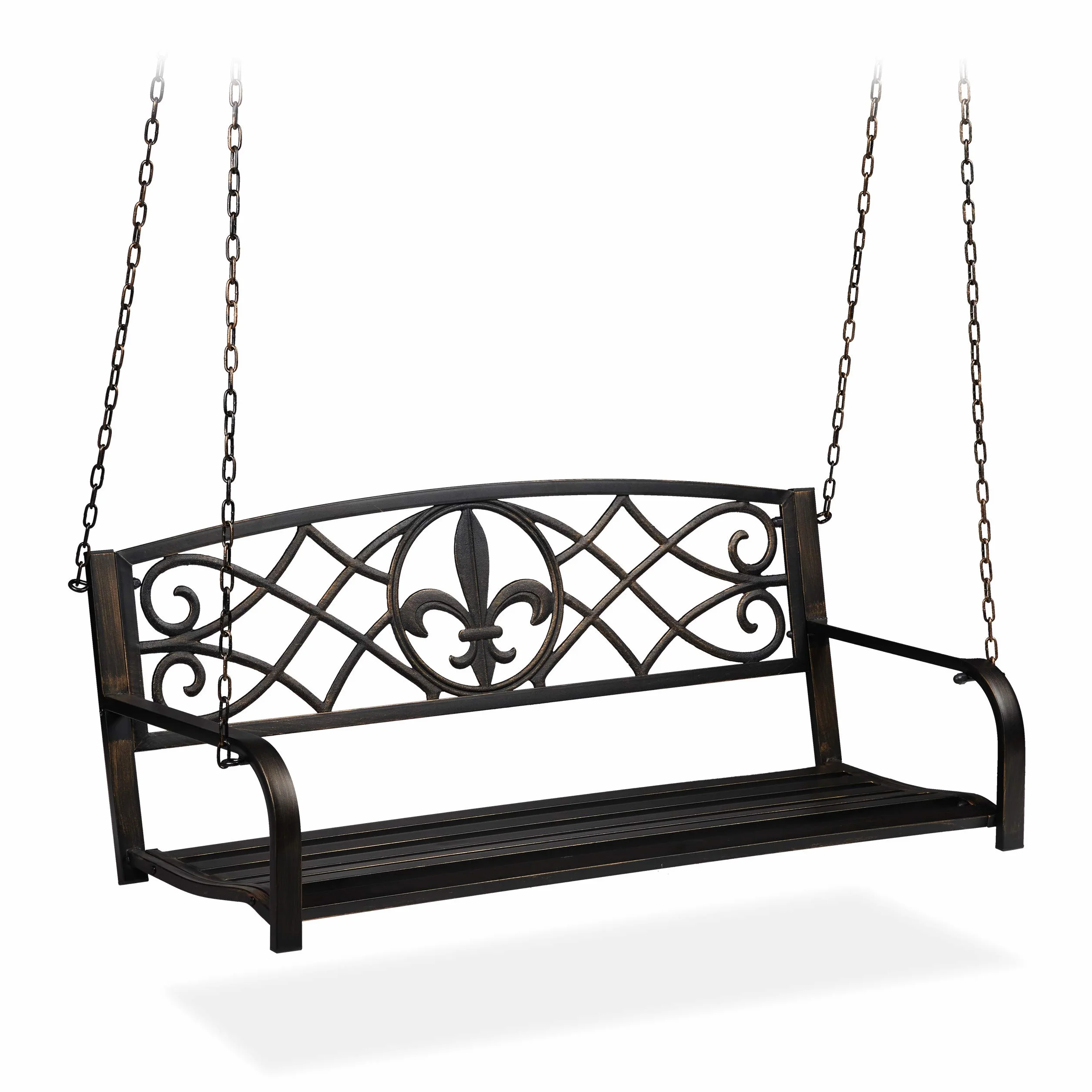 Relaxdays Ławka wisząca, 2-osobowa, huśtawka ogrodowa do zawieszenia, styl vintage, metal, wys. x szer. x gł.: 197 x 133 x 58 cm, czarno-brązowa