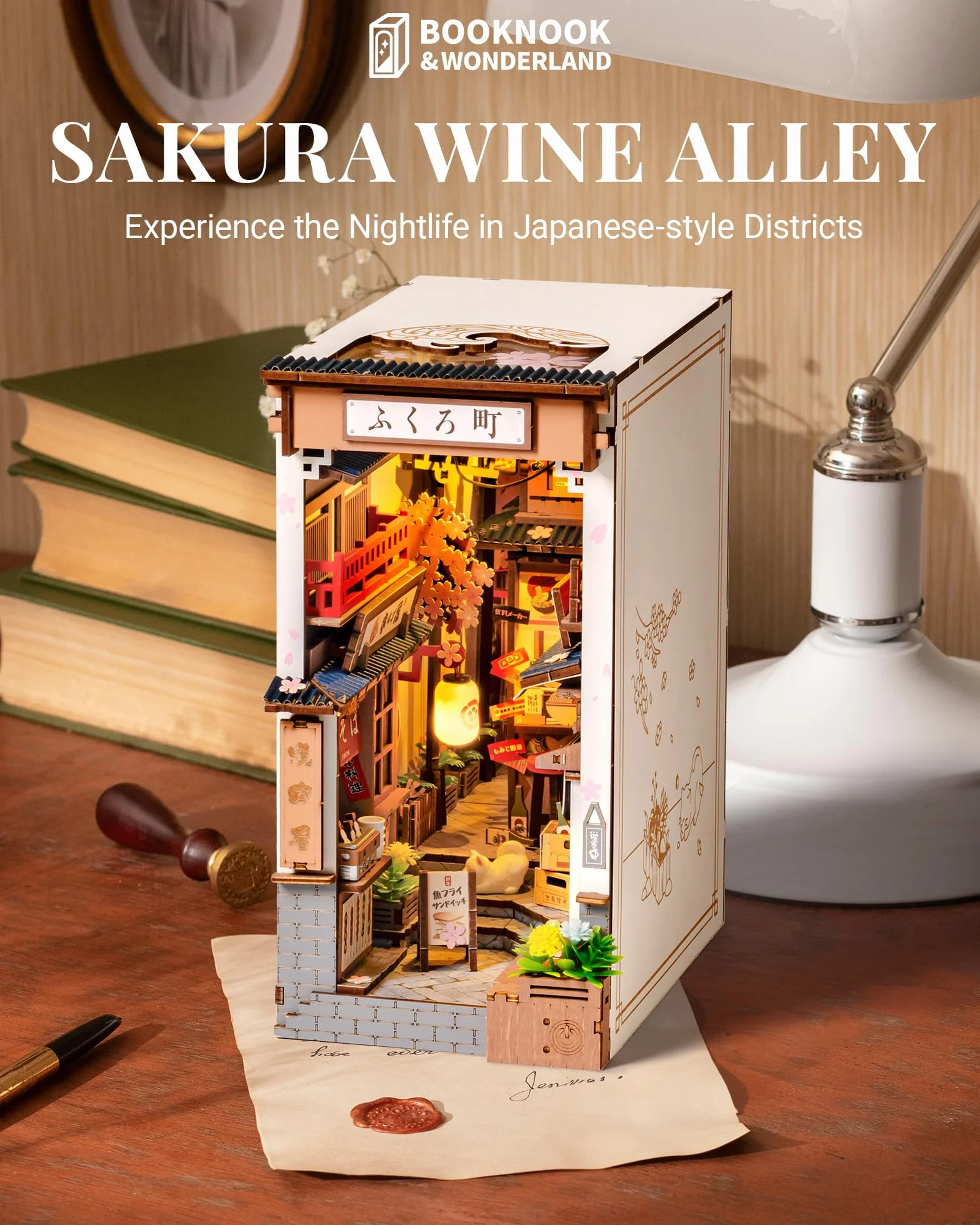 ROBOTIME Zestawy do zakamarków dla dorosłych Sakura Wine Alley, DIY Booknook ze światłami, zestaw do samodzielnego wykonania miniaturowy domek dla lalek, drewniane puzzle, podpórka na książki