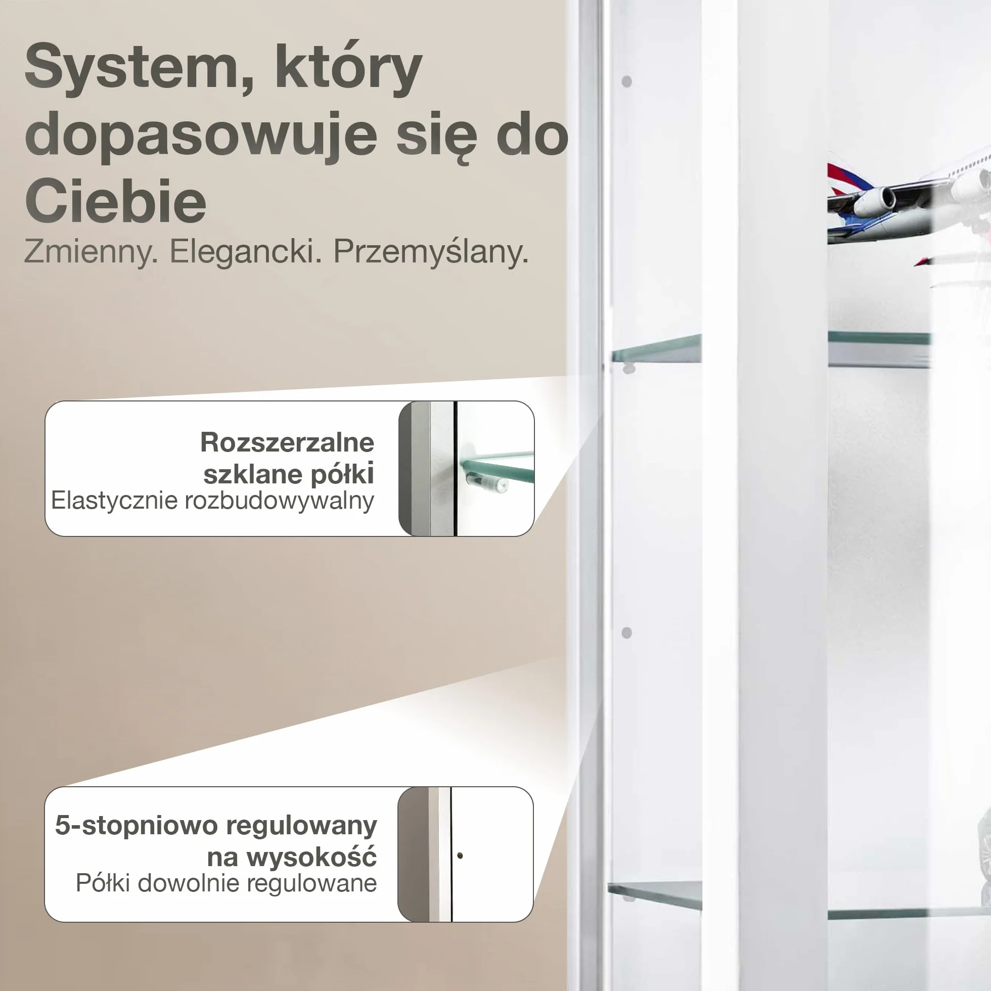 witryna wisząca szklana w kolorze białym (80x60x25 cm) z 2 regulowanymi półkami szklanymi - gablota na modele samochodów biała - szafka gablota biała - witryna kolekcjonerska