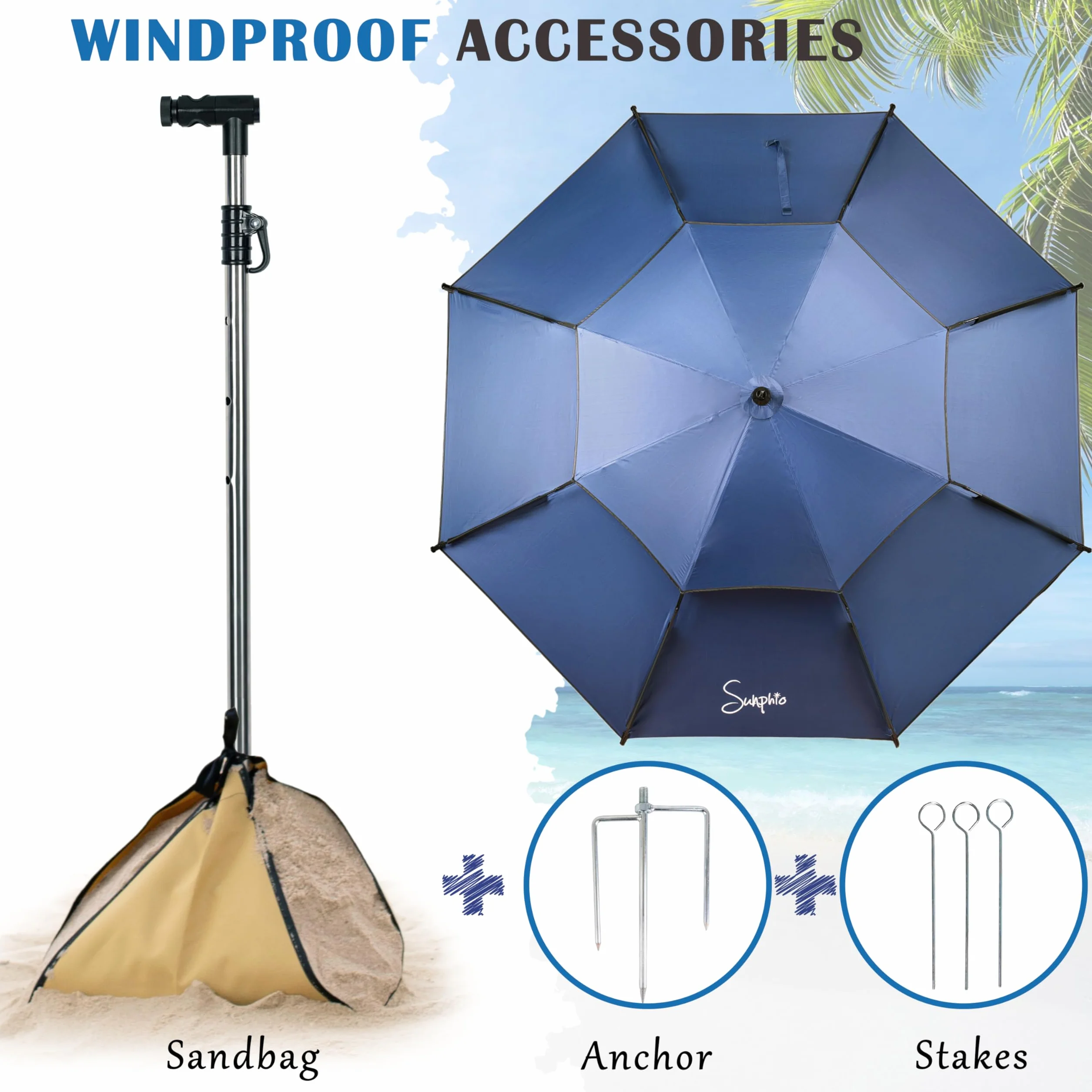 Sunphio Parasol Plażowy 220 cm, Odporny na Wiatr, Ochrona UV 50+, Duży Lekki Parasol Podróżny z Kotwicą, Do Ogrodu i Plaży