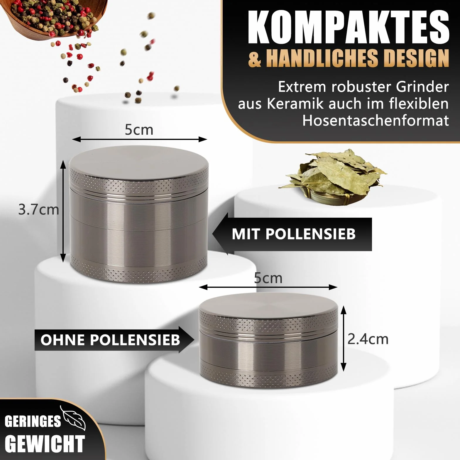 Młynek do tytoniu, przypraw, ziół, herbaty, kawy, 4-częściowy zestaw ze skrobakiem do pyłków (kolor pistoletu)