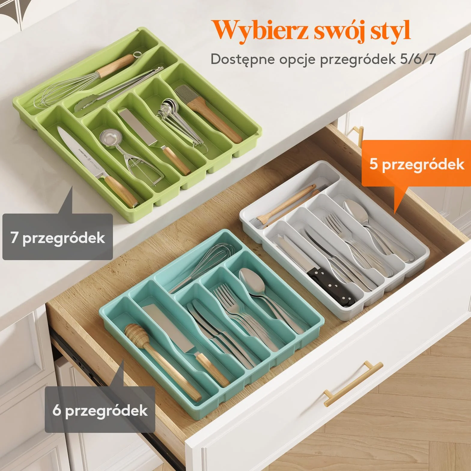 Organizer do szuflady na sztućce Lifewit, Plastikowa taca na sztućce do szuflady kuchennej, Uchwyt, Przegródka na Łyżki, Widelce, Noże, Zastawa stołowa, 5 przegródek, Biały