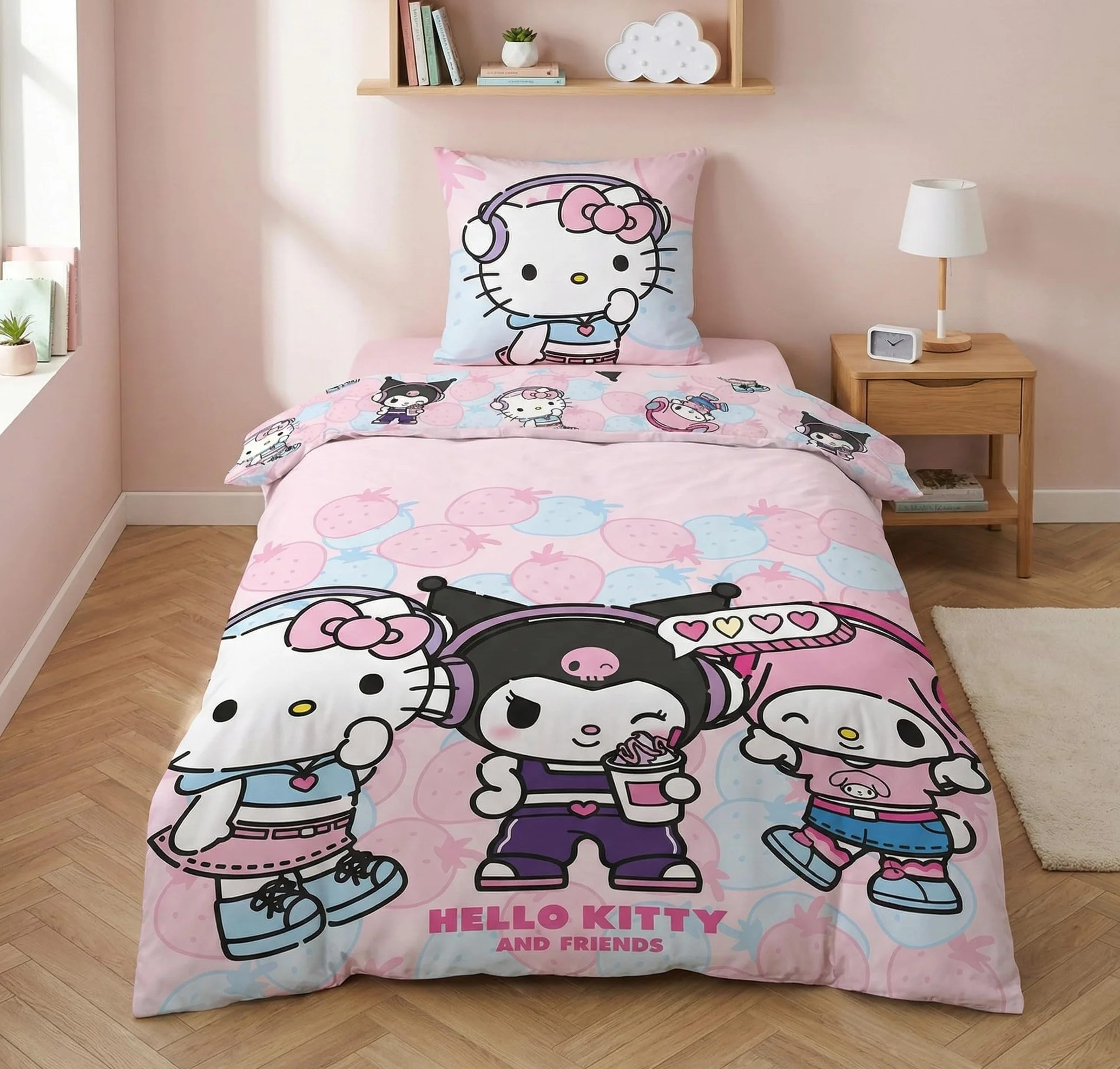 Aymax Zestaw pościeli Hello Kitty and Friends, bawełna poliestrowa, poszwa na kołdrę 135 x 200 cm + poszewka na poduszkę 80x80 cm, z Kuromi i My Melody