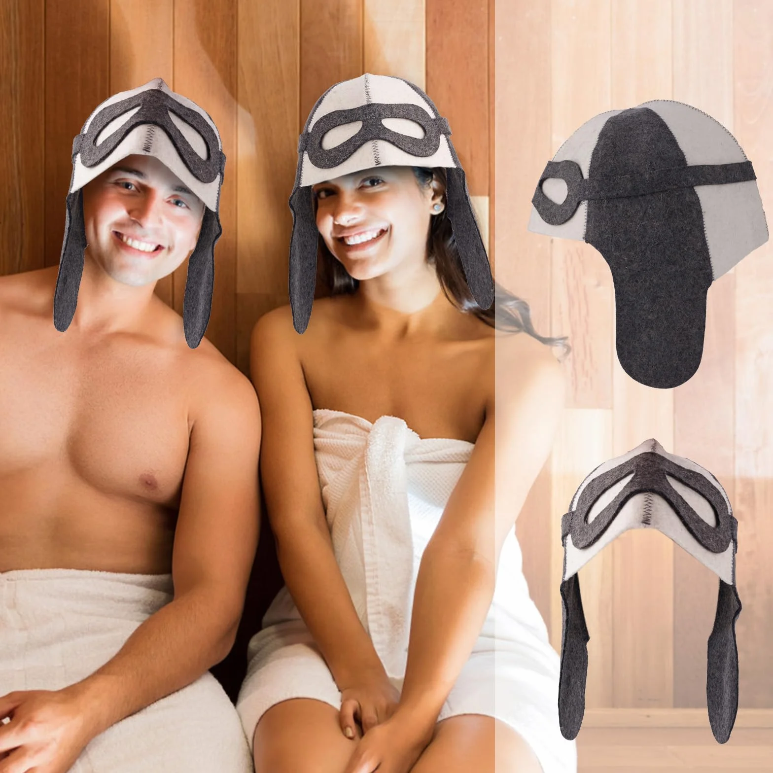 Styl Aviator Wełniany Kapelusz do Sauny dla Mężczyzn i Kobiet, Unisex Rosyjski Czepek Sauny Banya Rozmiar Uniwersalny Akcesoria Sauny Prezenty do Łaźni Parowej Ochrona Włosów (Biały i Szary)