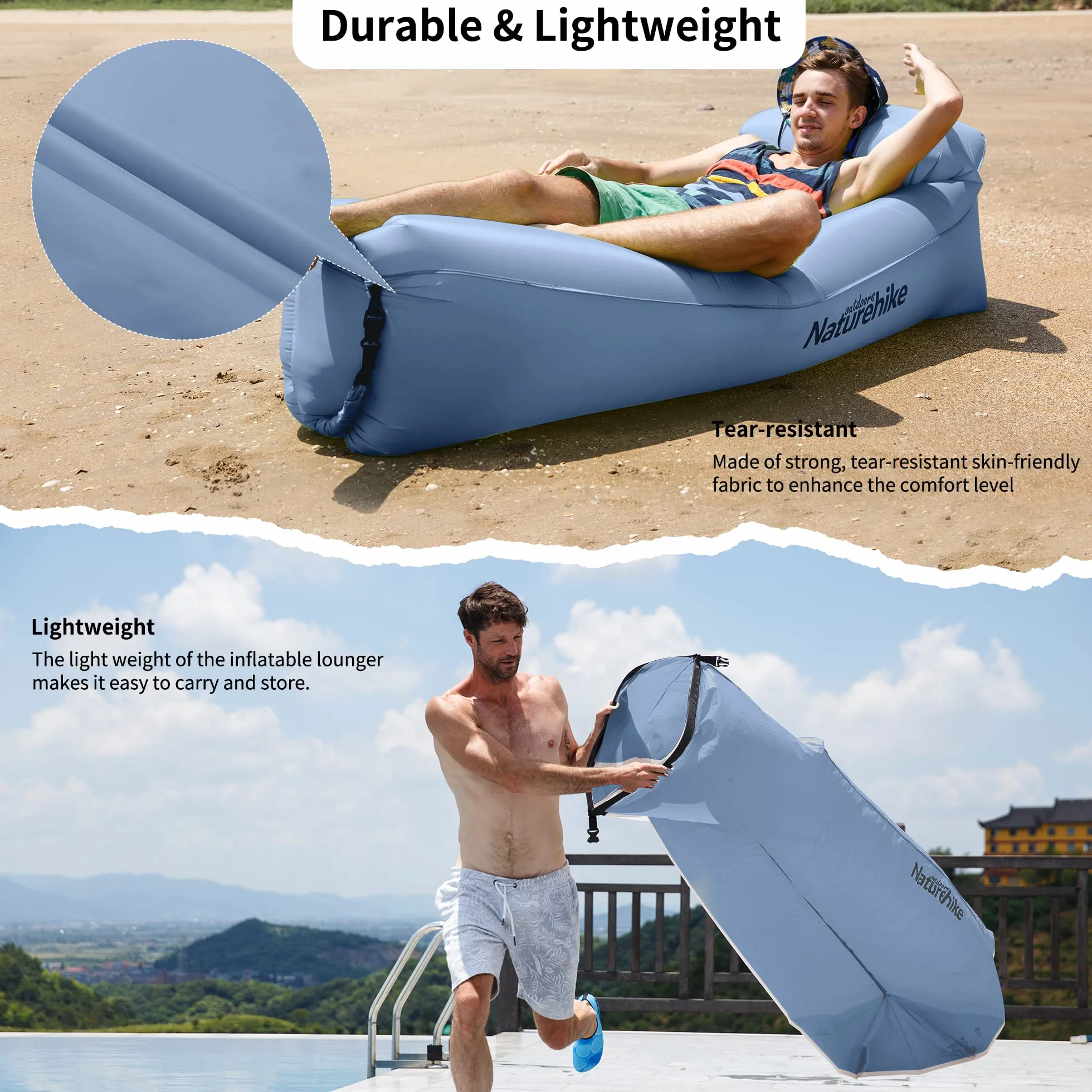 Naturehike Nadmuchiwany rozkładany fotel, wodoodporna nadmuchiwana sofa z przenośnym plecakiem, nadmuchiwane łóżko do kempingu, basenu (niebieski)