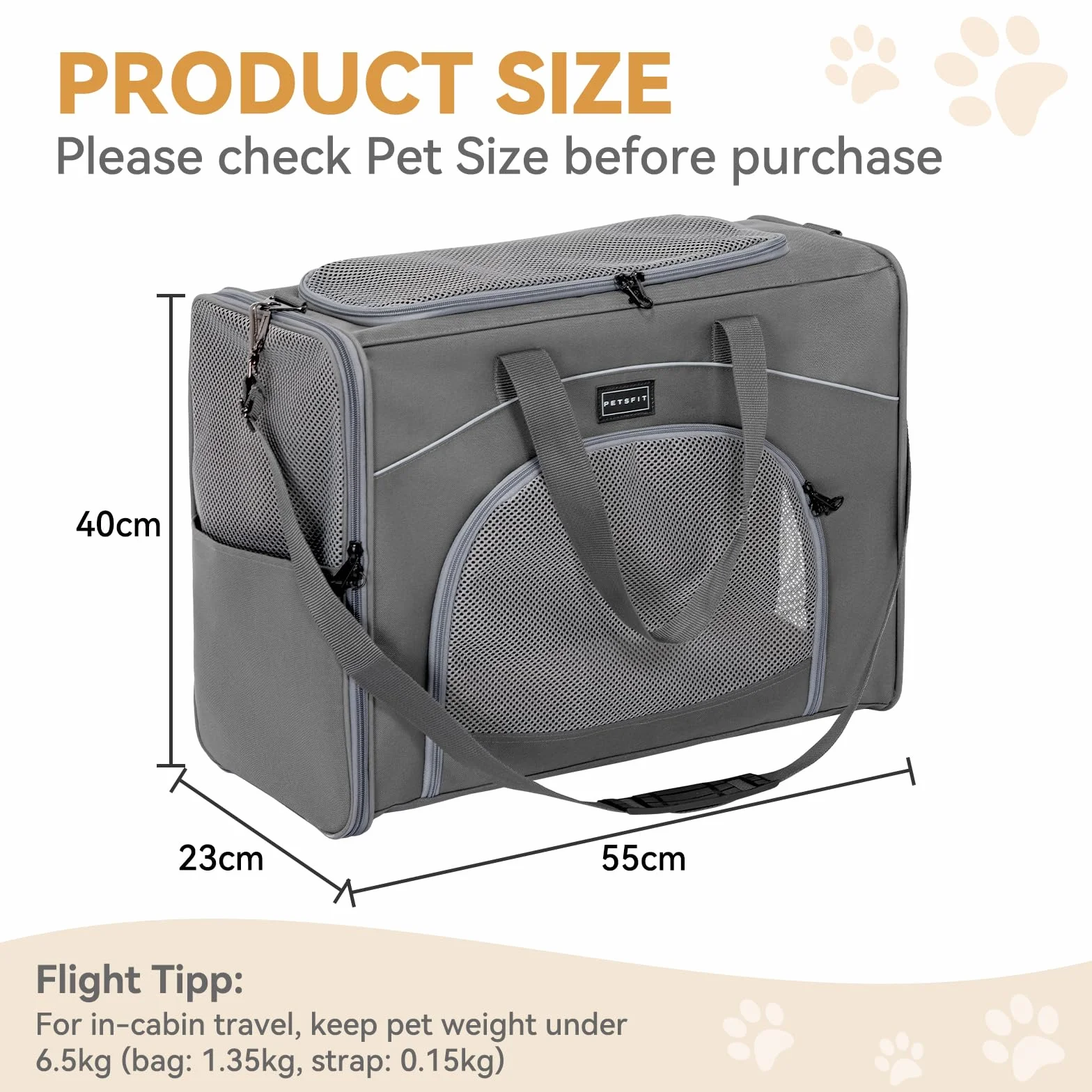 Petsfit Torba transportowa dla psa 55x40x23 cm L szara
