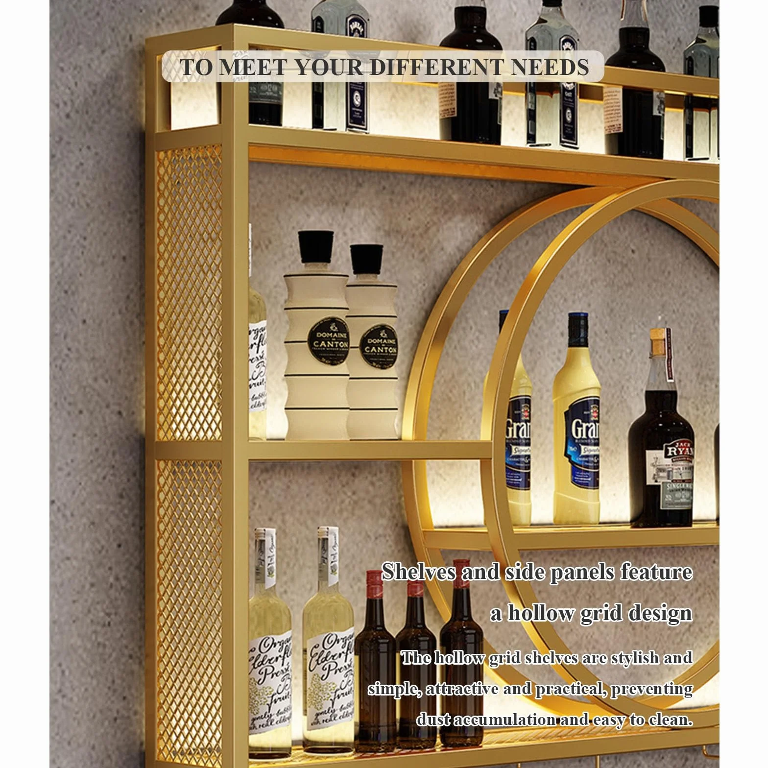 Upgrade Metal Wine Rack Wall Mounted Bar Shelves Wall Mounted With LED Light Iron Wine Shelf With Wine Glass Holder Wall Wine Racks,Bar Shelves For Liquor Bottles For Kitchen Living Room(Black,47.2in/