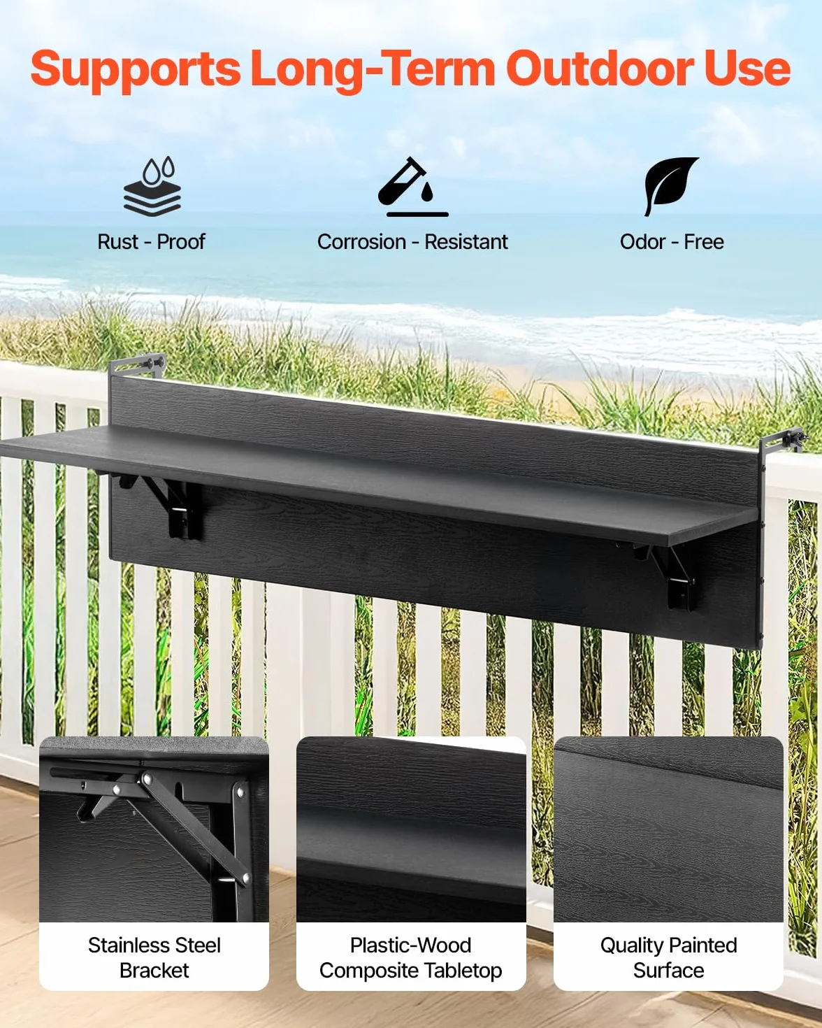 VEVOR Wiszący stół balkonowy, 30 x 81 cm, składany stół balkonowy, obciążenie 22,7 kg, pasuje do balustrady od 2,5 cm do 15 cm, do serwowania na patio i taras