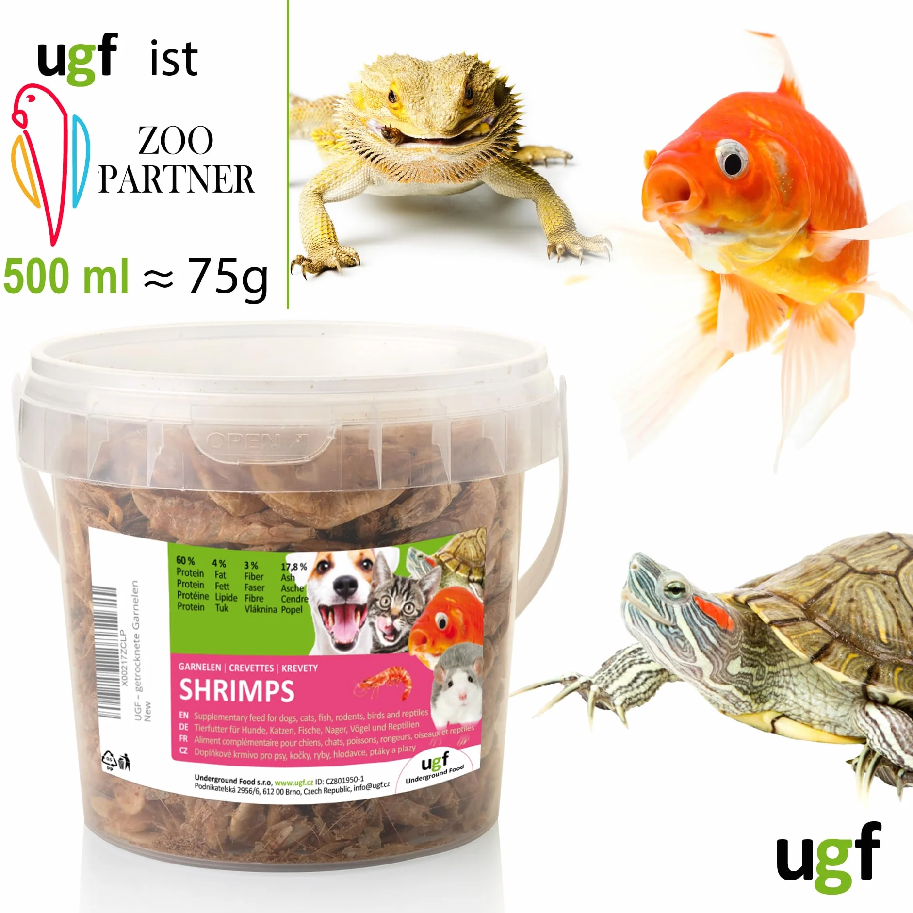 Suszone krewetki 75 g w wiaderku 500 ml karma dla ptaków dzikich, psów, żółwi, gryzoni, jaszczurek, ryb
