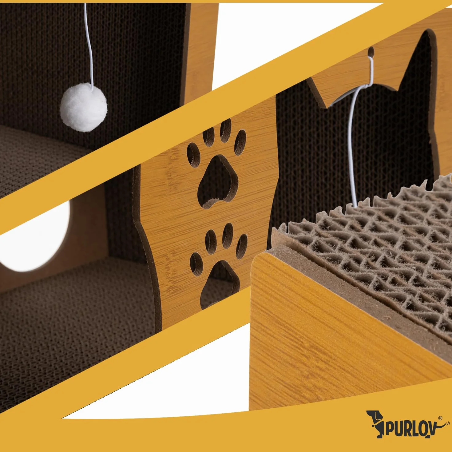 Purlov Drapak dla kotów 3 w 1 z 2 poziomami HDF tektura falista meble do drapania miejsce do spania dla 1-2 kotów 51,5 × 45,5 × 28 cm