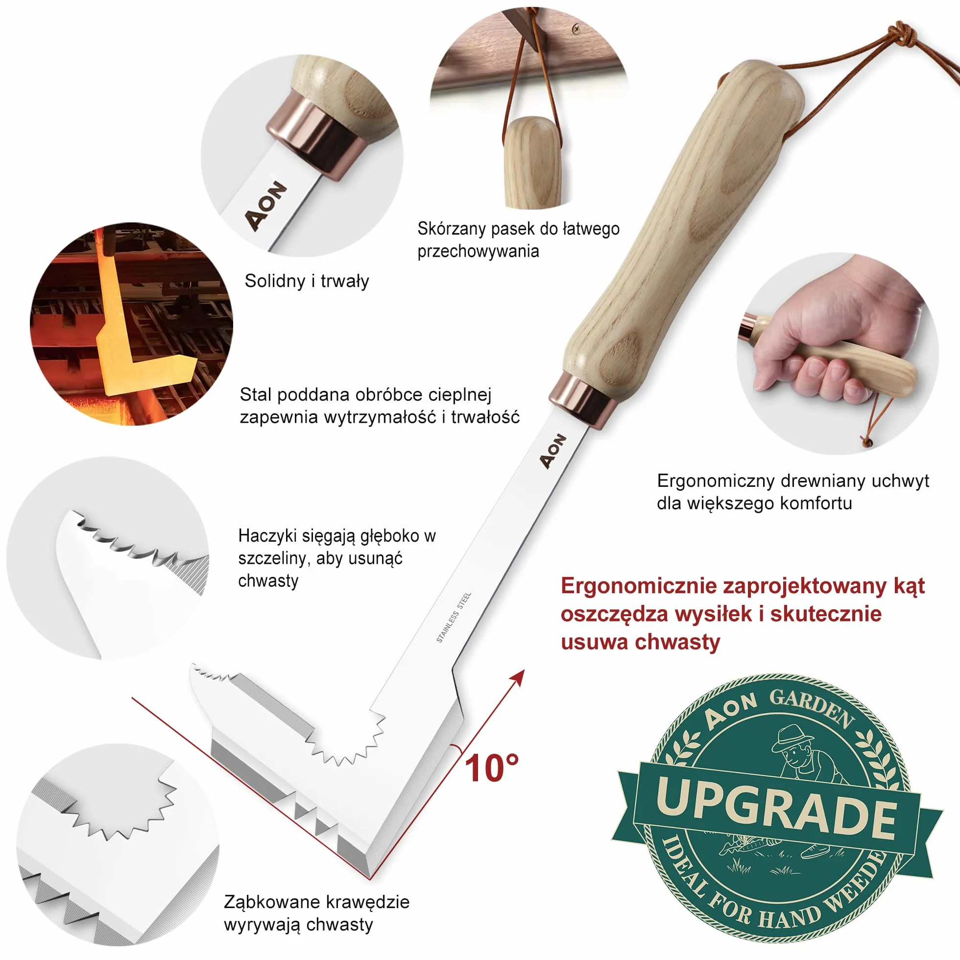 aon Zestaw 2 narzędzi – Odchwaszczacz y Skrobak do fug, Wyrywacz chwastów con acero tratado térmicamente y mango ergonómico de madera de fresno, ideal para jardines y patios, elimina malezas de raíz
