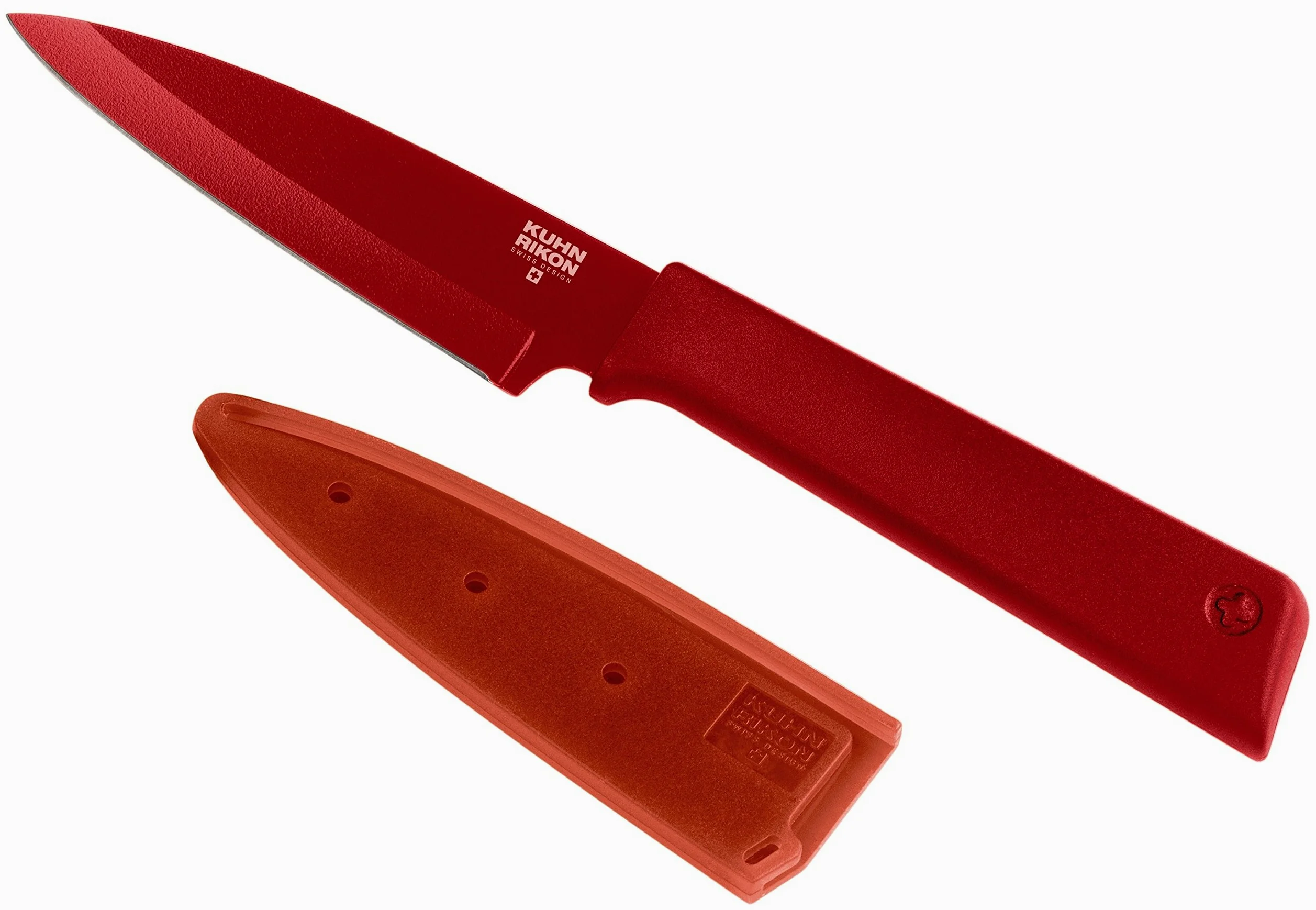 Kuhn Rikon 26601 Colori+ nieprzywierający prosty nóż do obierania z osłoną bezpieczeństwa, 19 cm, czerwony