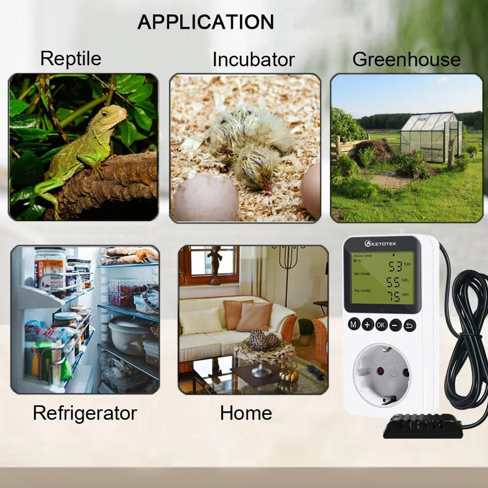 KETOTEK Higrostat, regulator wilgotności z czujnikiem 230 V, cyfrowy regulator wilgotności, gniazdko elektryczne przełącznik do szklarni, terrarium, osuszacza powietrza, nawilżacz powietrza