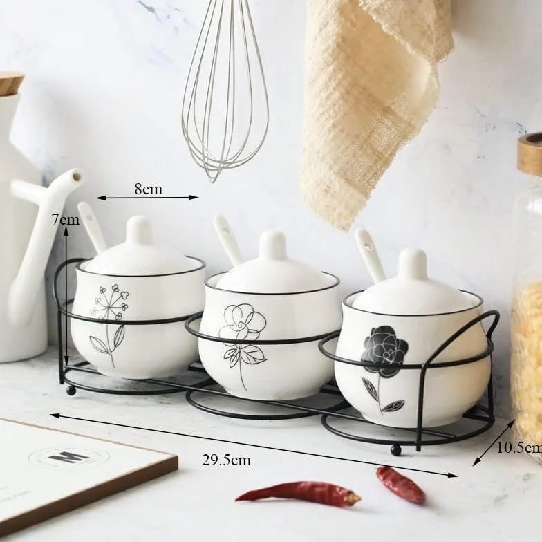 Dozownik przypraw Pojemnik na przyprawy, pudełko na przyprawy, pudełko na przyprawy Zestaw ceramicznych zbiorników na sól i pieprz Słoiki na przyprawy Słoiki na przyprawy Żelazny uchwyt Łyżka na przyp